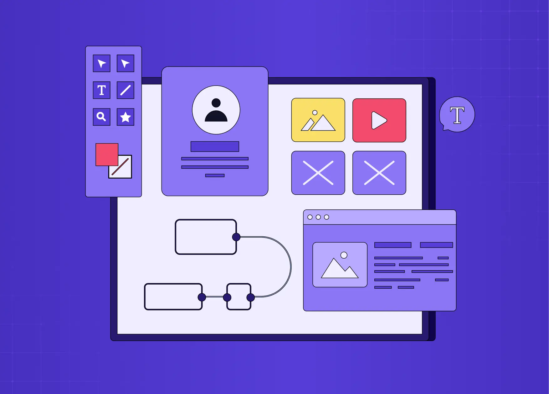 Illustration of a graphical user interface design workspace featuring wireframes, UI components, editing tools, and content cards used in digital product design.