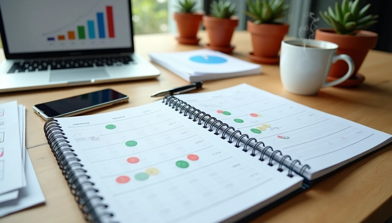 Open planner with color-coded notes on a desk alongside a laptop, smartphone, coffee cup, and potted plants.