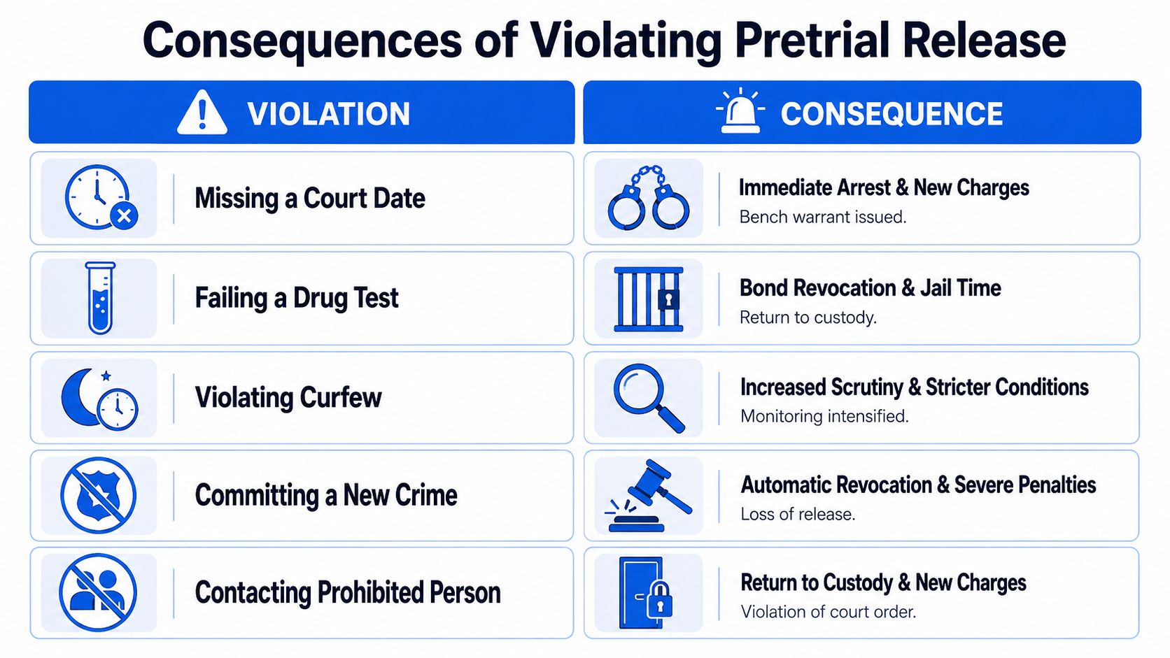 A table outlining the consequences of violating pretrial release conditions such as missing court or drug tests.