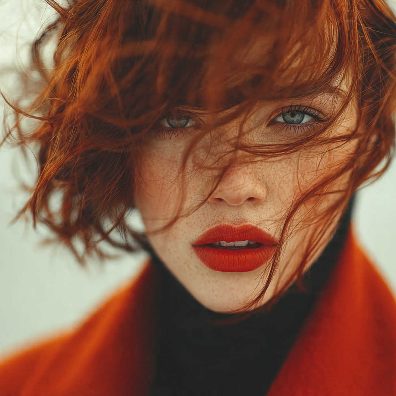 Image of young woman wearing red suit with red hairs