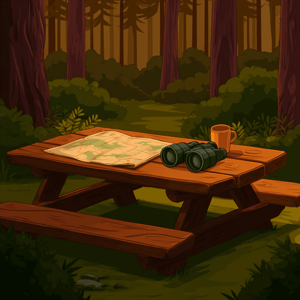 Image of map and binoculars on table
