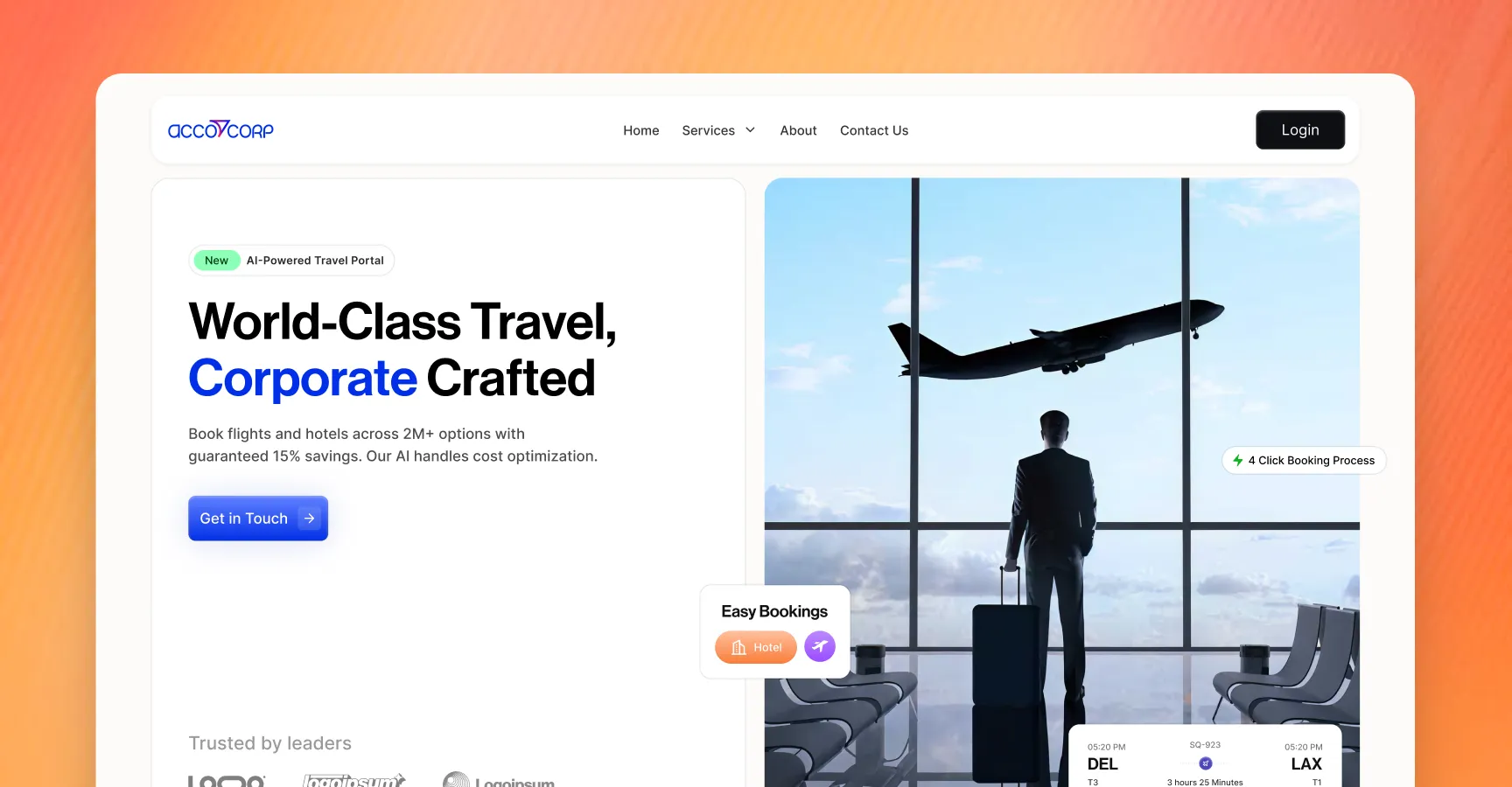 A business traveler with a suitcase gazes out a large airport window as a plane takes off, symbolizing seamless corporate travel and easy bookings, with an adjacent web interface highlighting travel services and contact options.