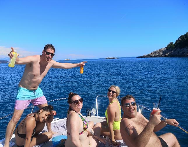 Happy guests on a private boat tour at Lpoud Island, Dubrovnik