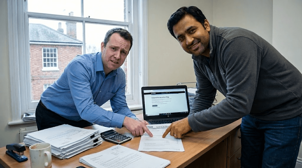 Four workers in black coveralls walk through an industrial facility.