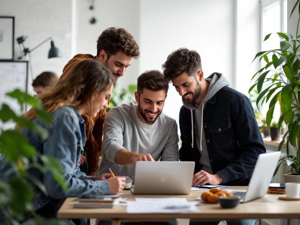 A group of four people are gathered around a laptop, looking at the screen and smiling.