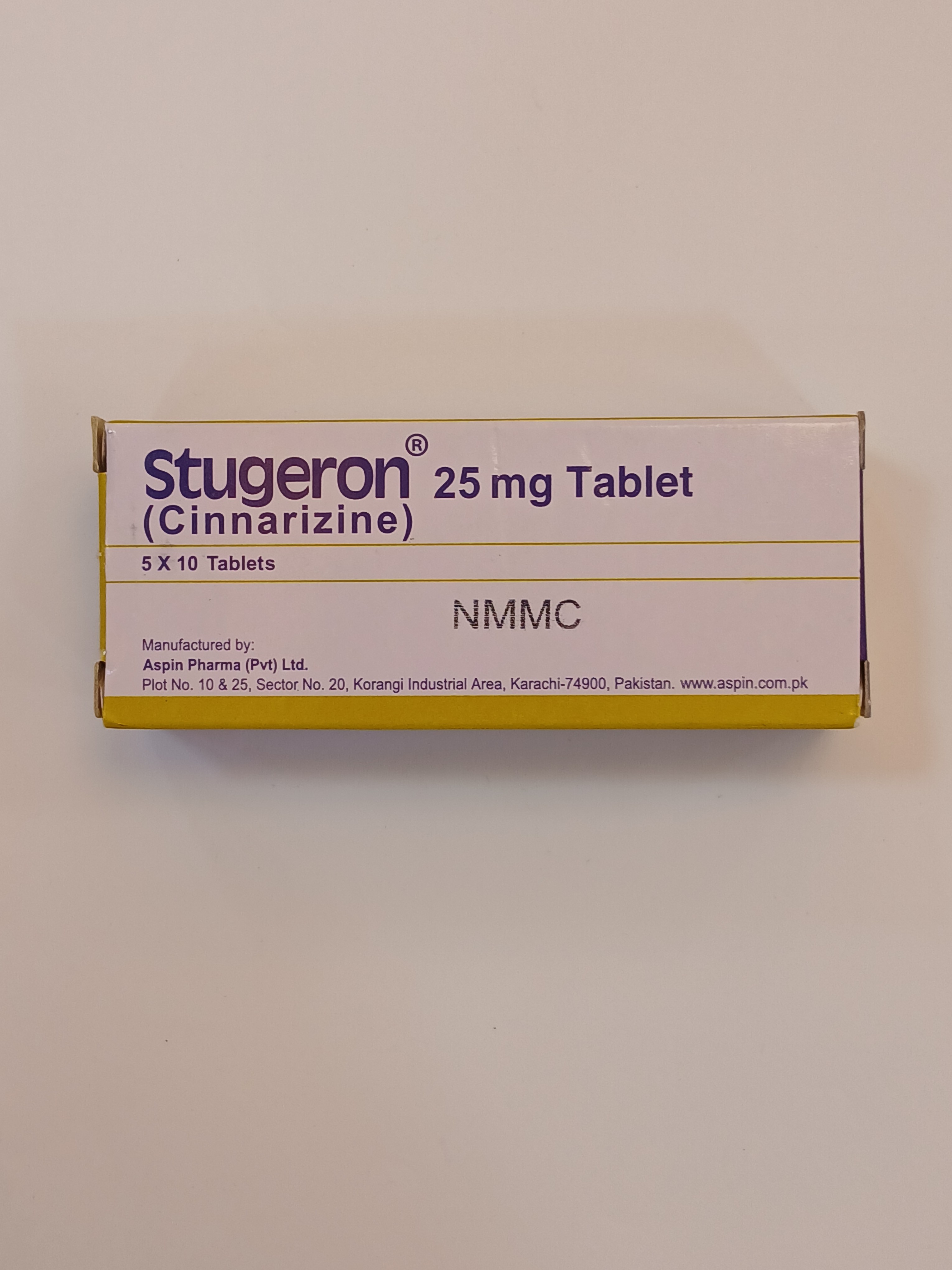 A white and yellow cardboard box packaging contains ten 25 milligram tablets arranged in a blister strip.