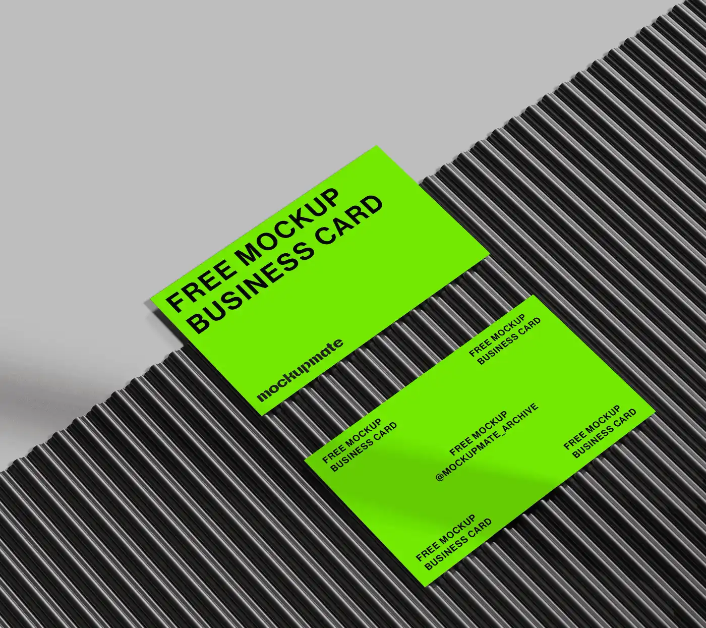 Business card mockup with bold neon green cards on a textured striped surface. The layout features contrasting colors and shadows, creating a vibrant and modern presentation.