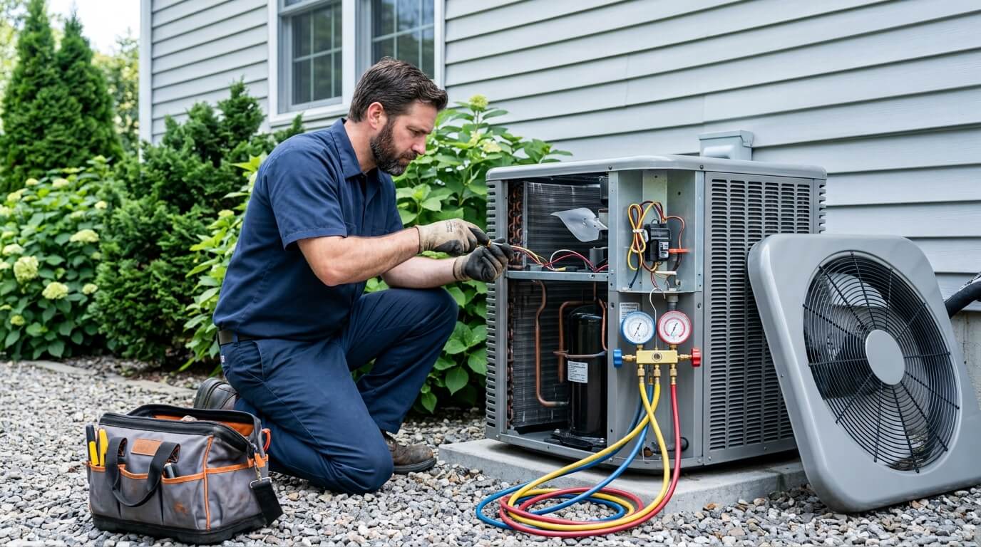 Hvac tech kneeling to fix AC