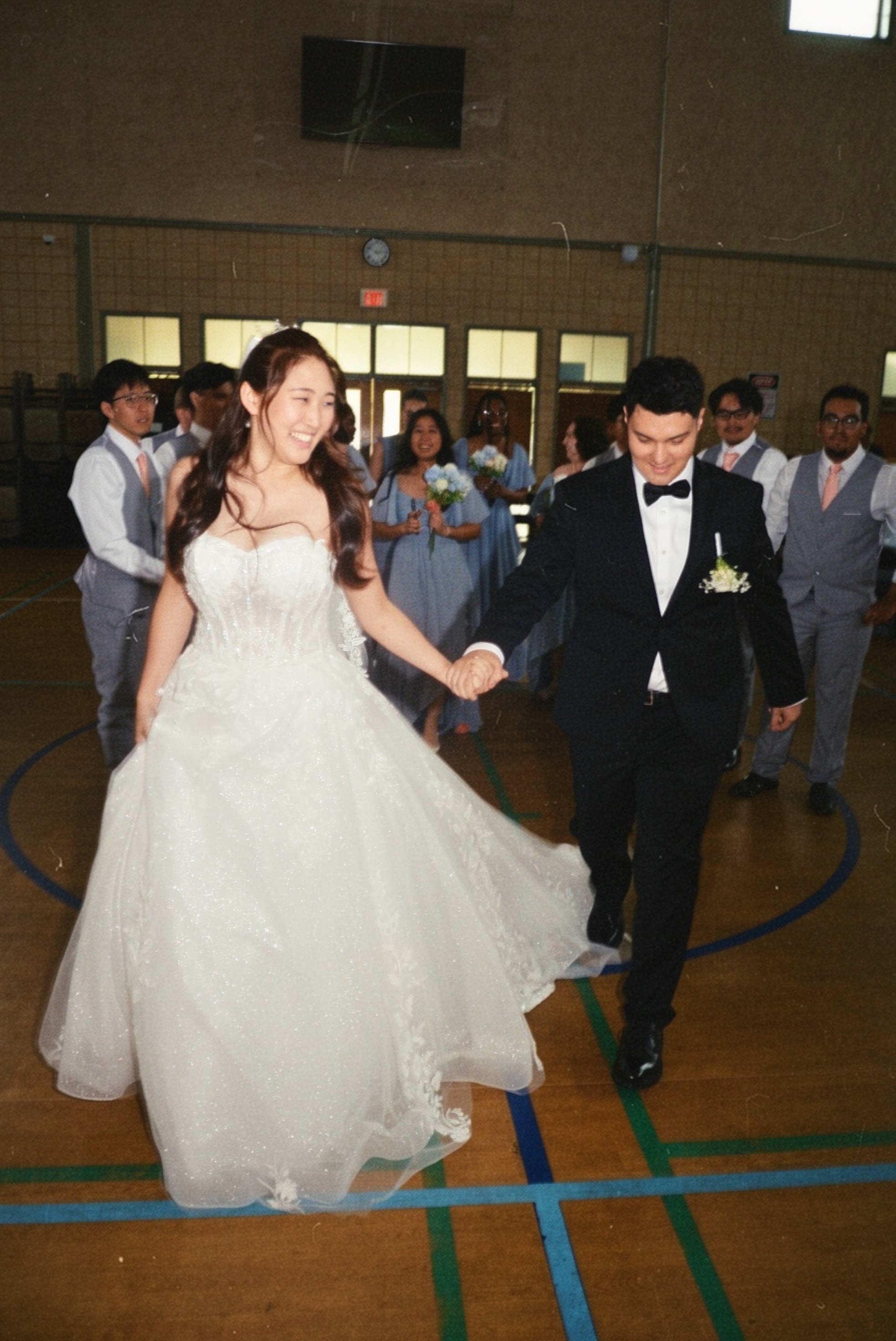Bride and groom entering their church gym reception — Korean wedding at Korean Church of Atlanta, Duluth GA