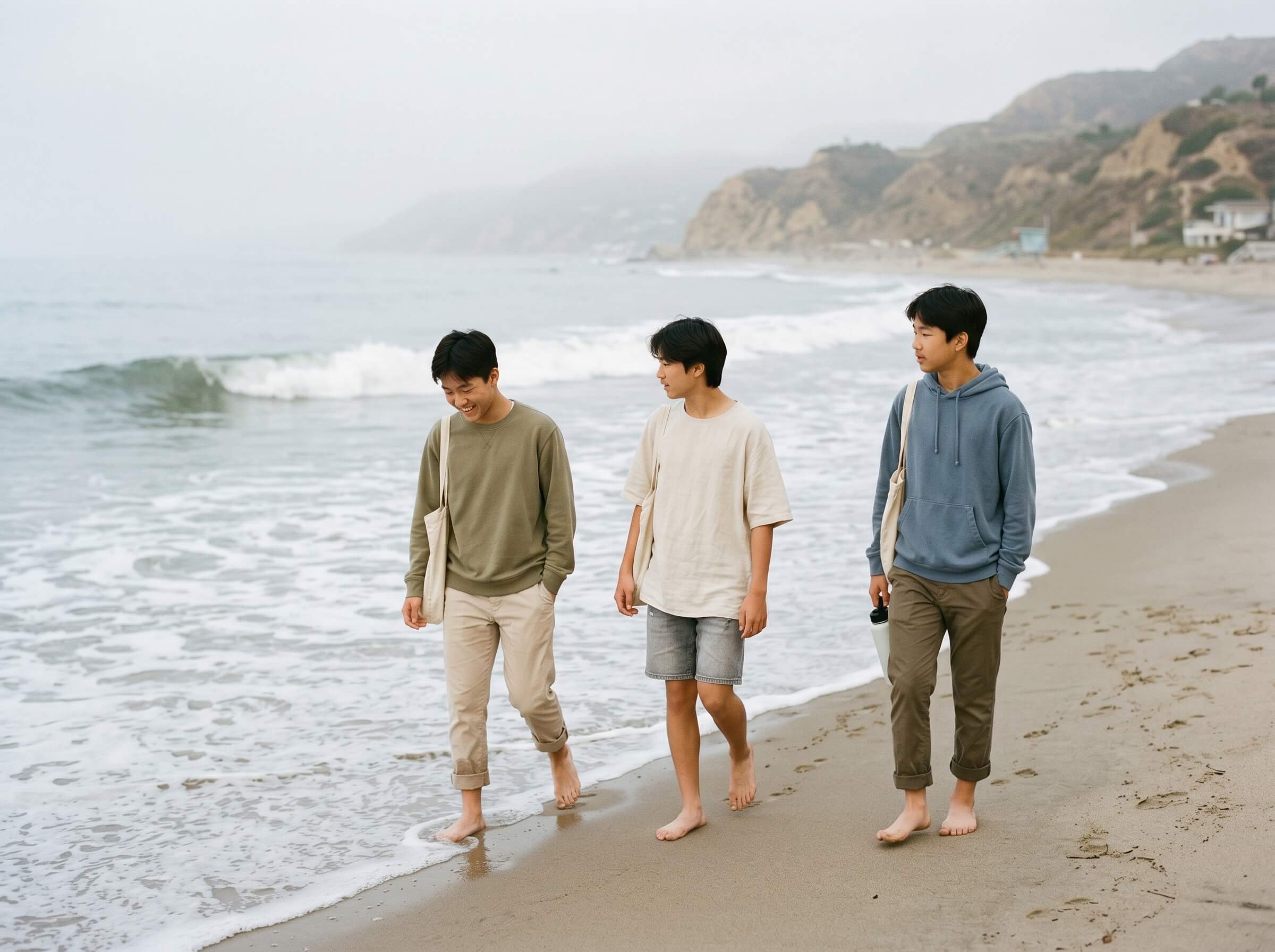 Three teenagers are walking on a beach, smiling and talking, with a pier.