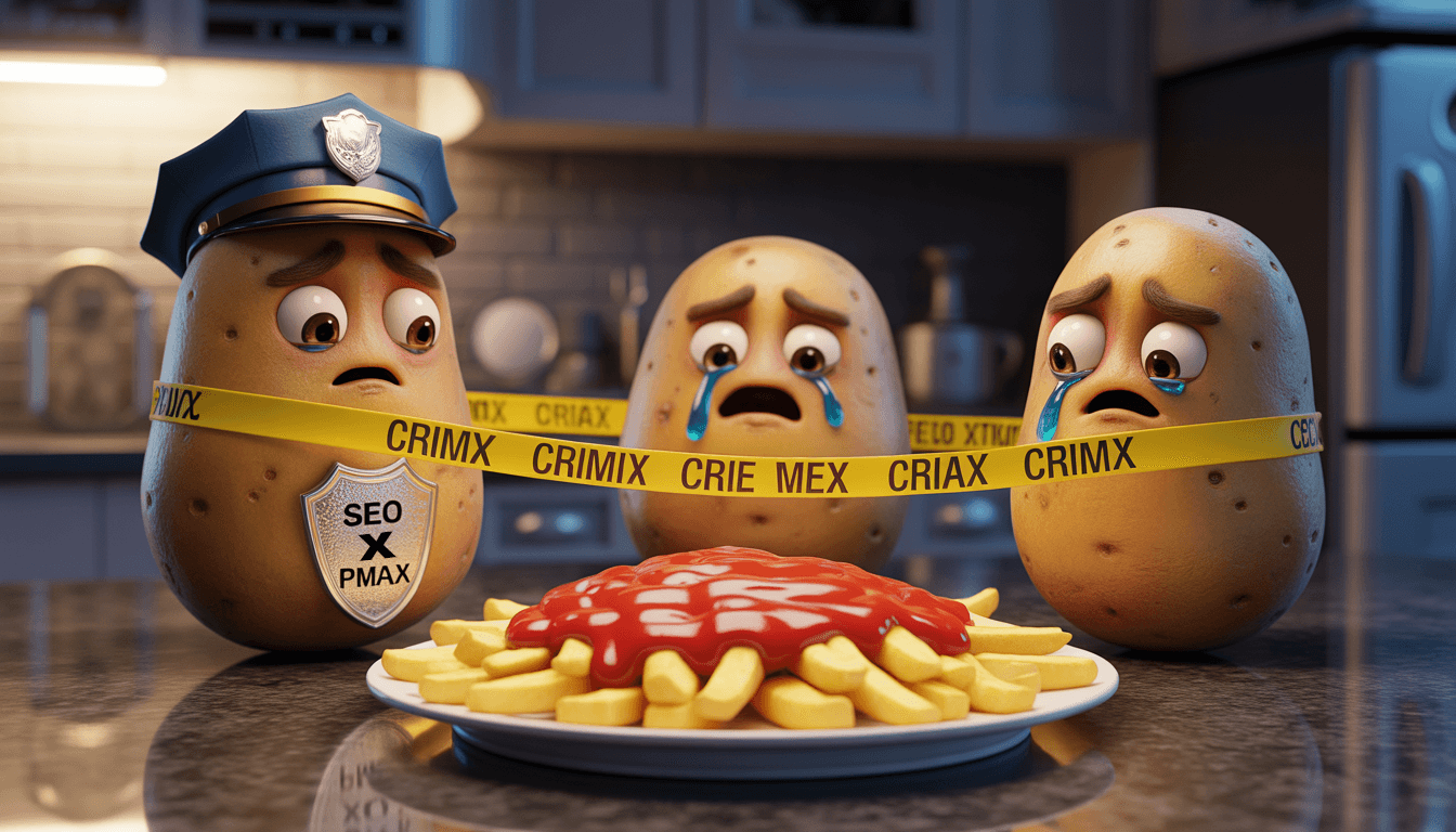 three anthropomorphic potatoes standing in a dimly lit kitchen at night with dramatic cinematic lighting, a sad potato police officer wearing a small worn police cap and shiny badge with text "SEO X PMAX"