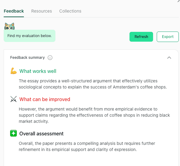 thesify feedback summary for a sociology essay on Amsterdam coffeeshops, highlighting strong structure and the need for more empirical evidence.