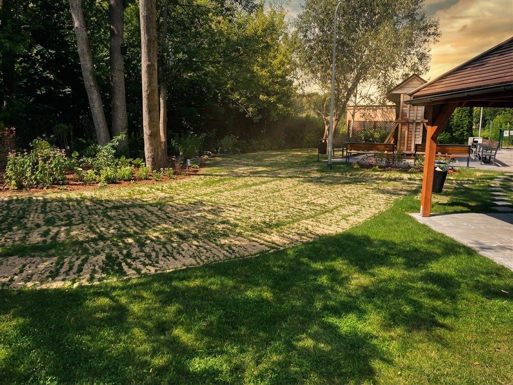 Ogrod oraz trawnik na którym właśnie wykonano piaskowanie trawnika