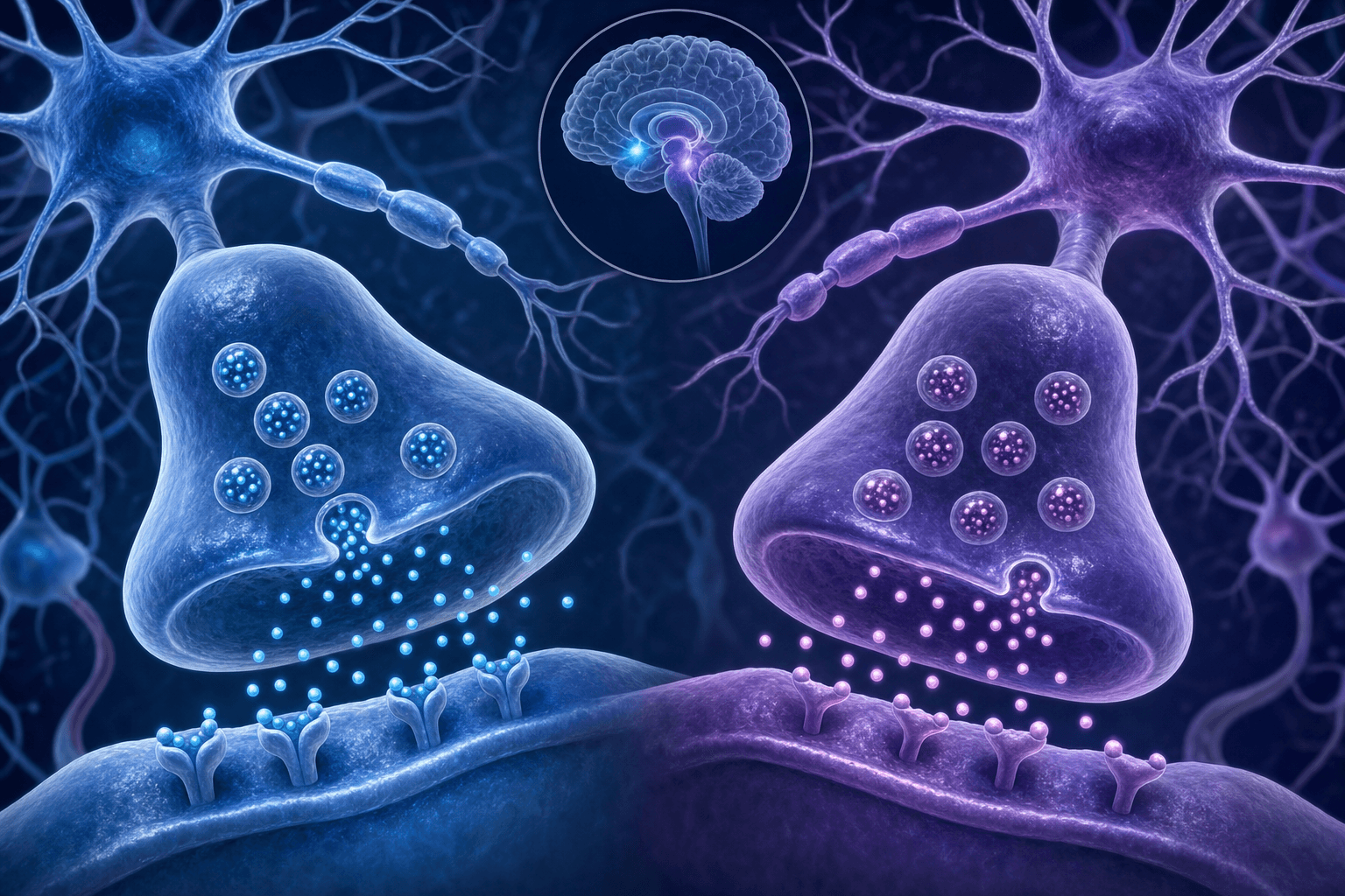 Medical illustration showing dopamine and norepinephrine neurotransmitters in brain synapses, with neuron cells and synaptic connections, clean scientific style, blue and purple color palette, educational diagram showing neurotransmitter activity between neurons