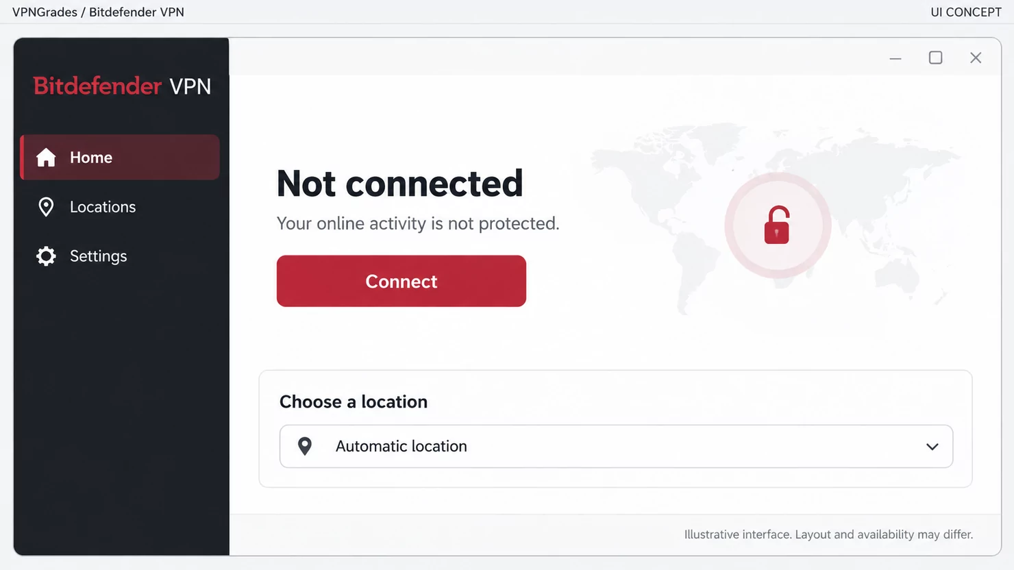 Bitdefender VPN: a desktop connection interface (illustration).