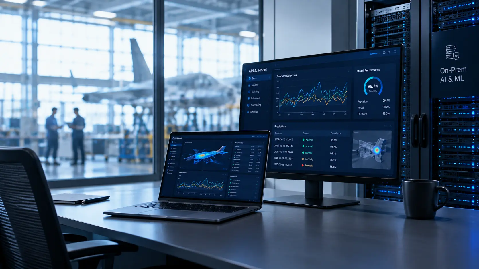 On premise AI/ML anomaly detection dashboard beside a server rack in an aircraft test facility
