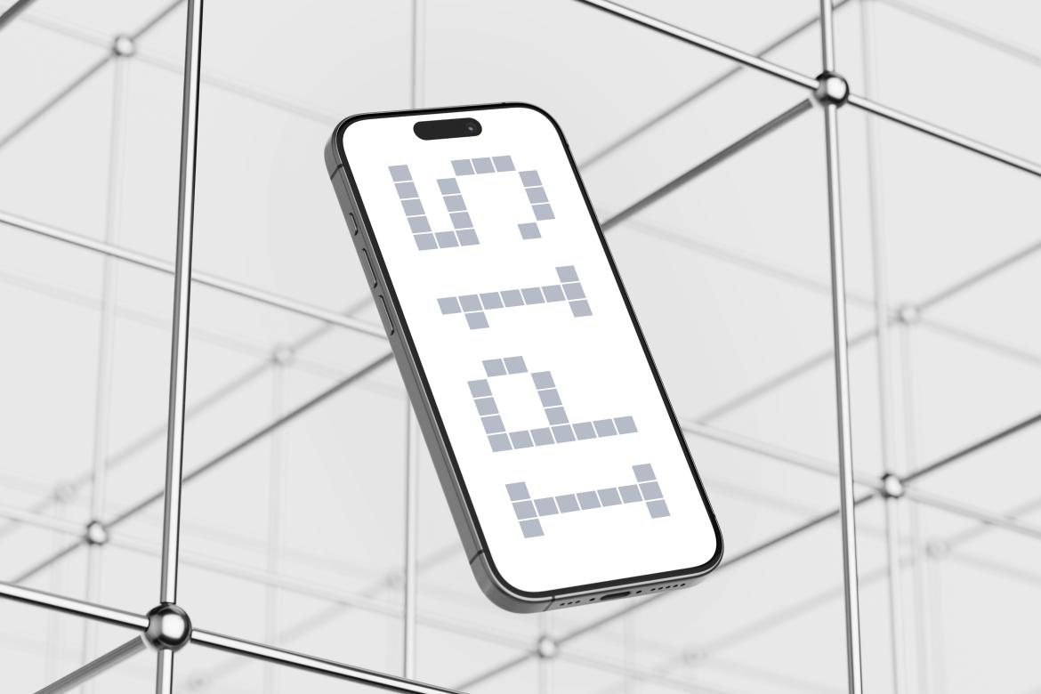 A floating iPhone mockup displayed within a geometric metal grid structure. The smartphone is angled slightly, showcasing its screen and slim design, with a monochromatic, futuristic aesthetic.