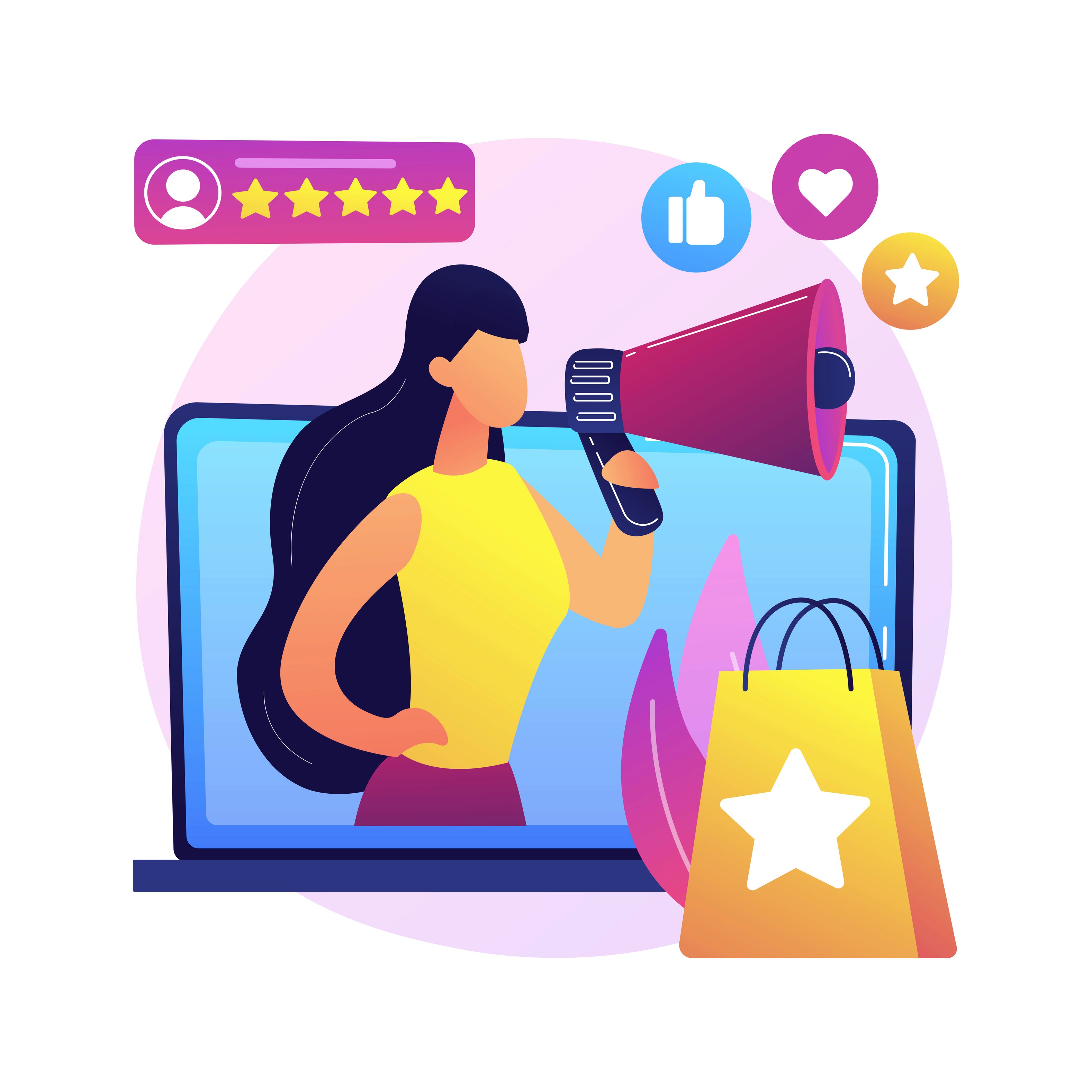 Female influencer on a laptop screen with megaphone, star rating, and shopping bag representing creator e-commerce promotion