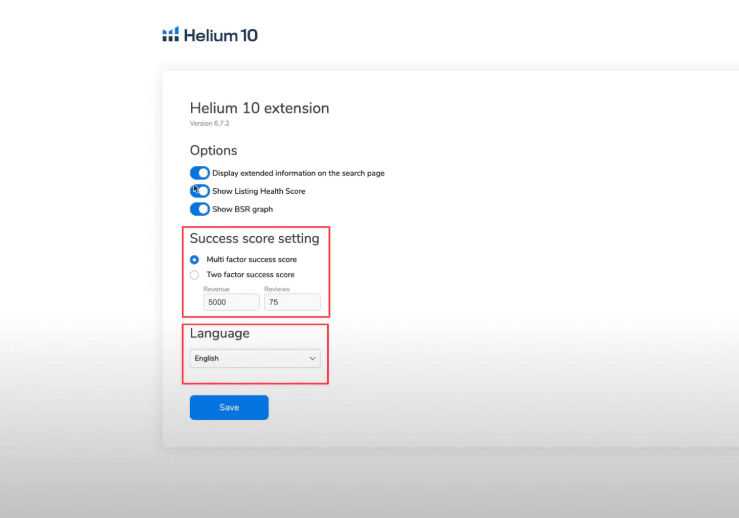 Réglages du Success Score et Choix de Langue de l'extension Helium 10