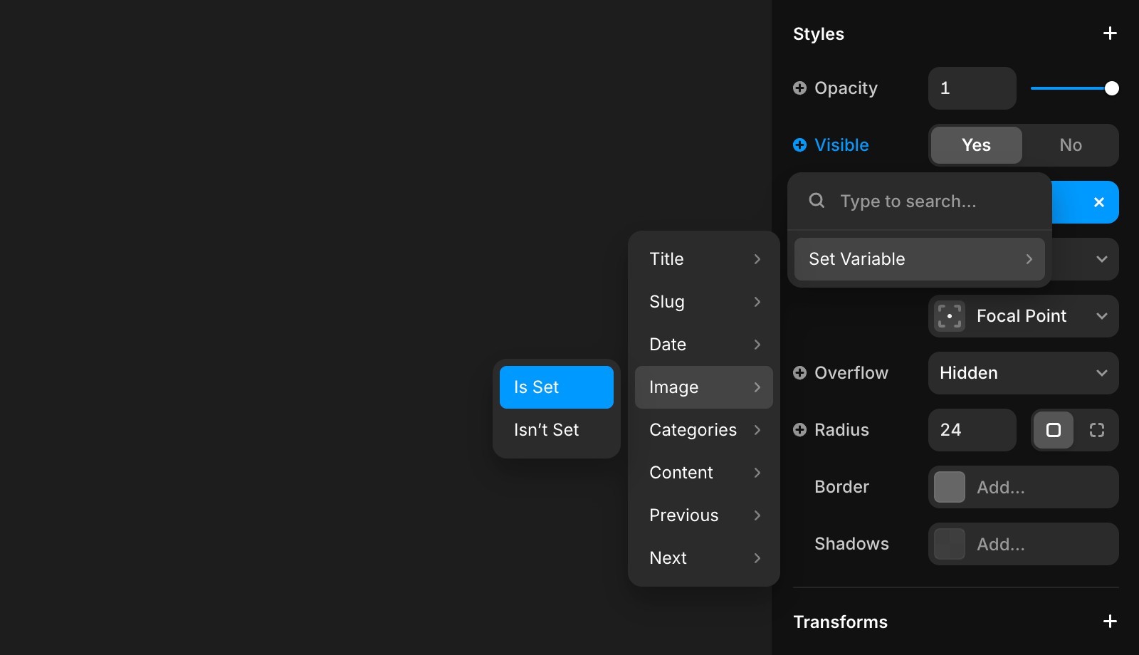在“设置变量”下拉菜单中显示“已设置”选项。