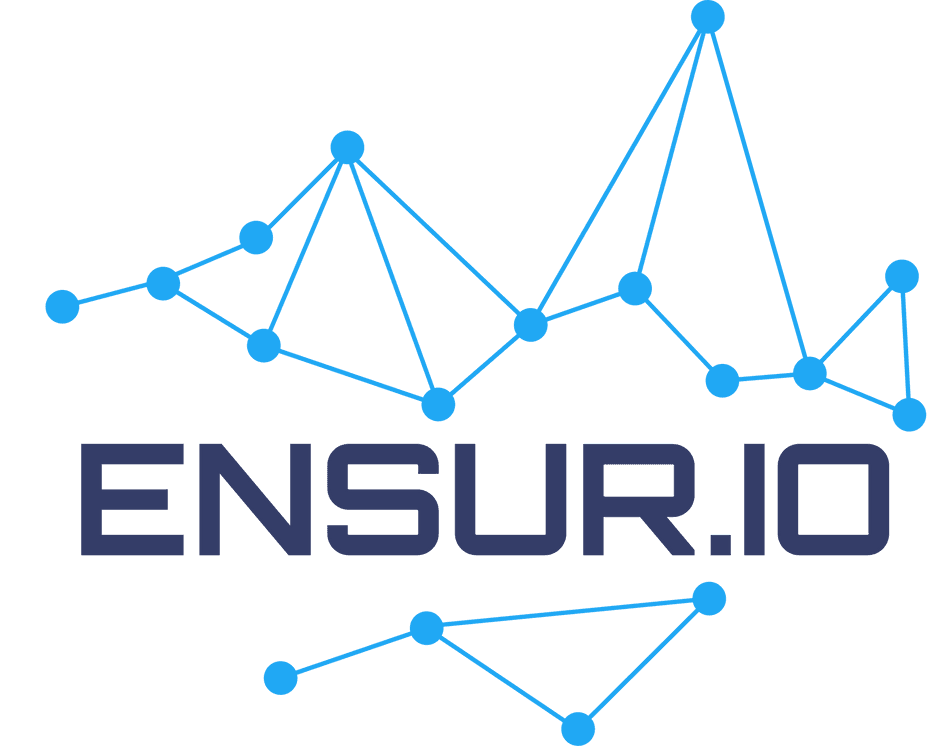 Group of professionals in business attire standing in a modern office.