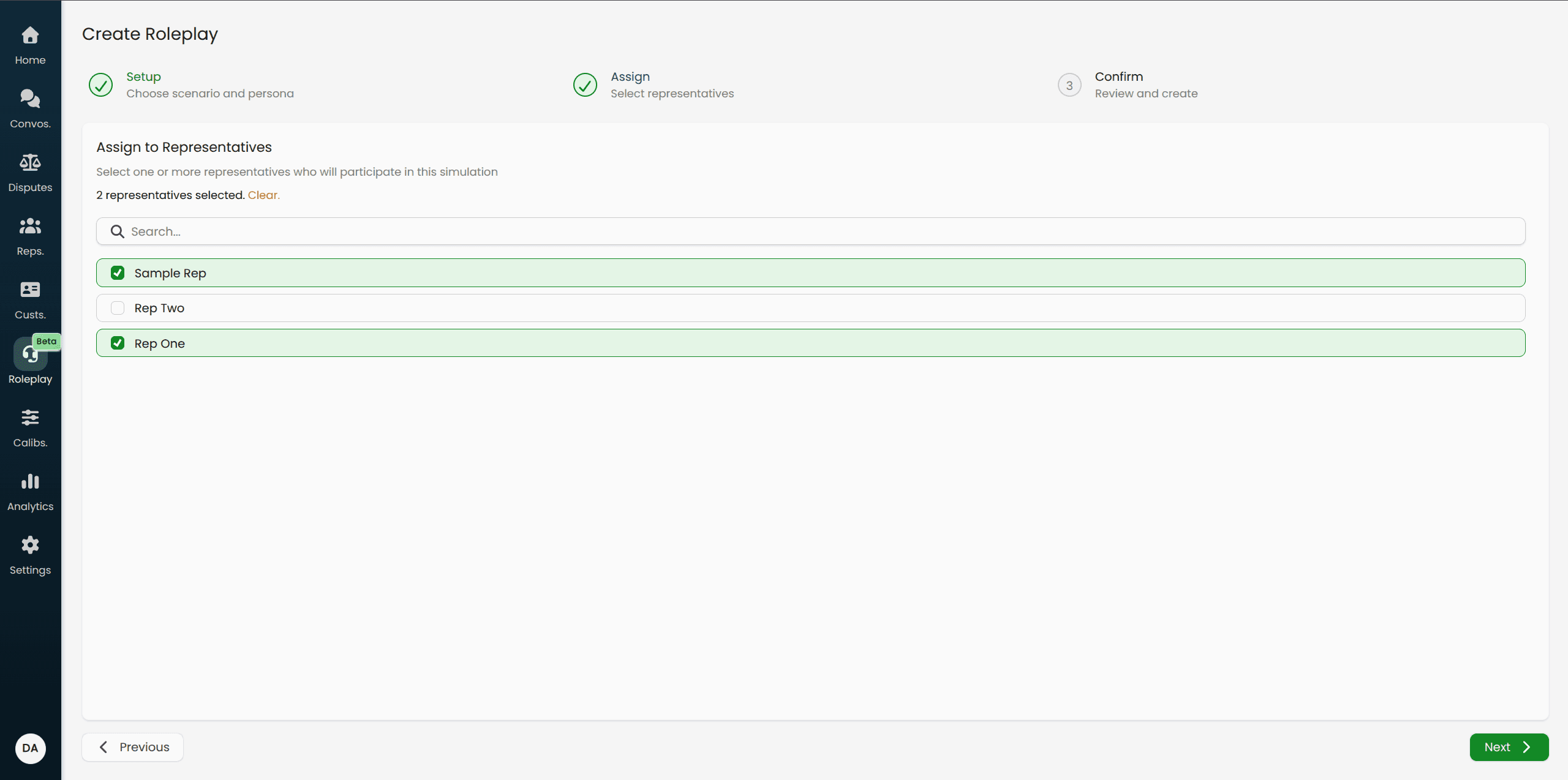 Screenshot of Step 2 of the wizard showing the searchable representative list with checkboxes, and a count of selected representatives.