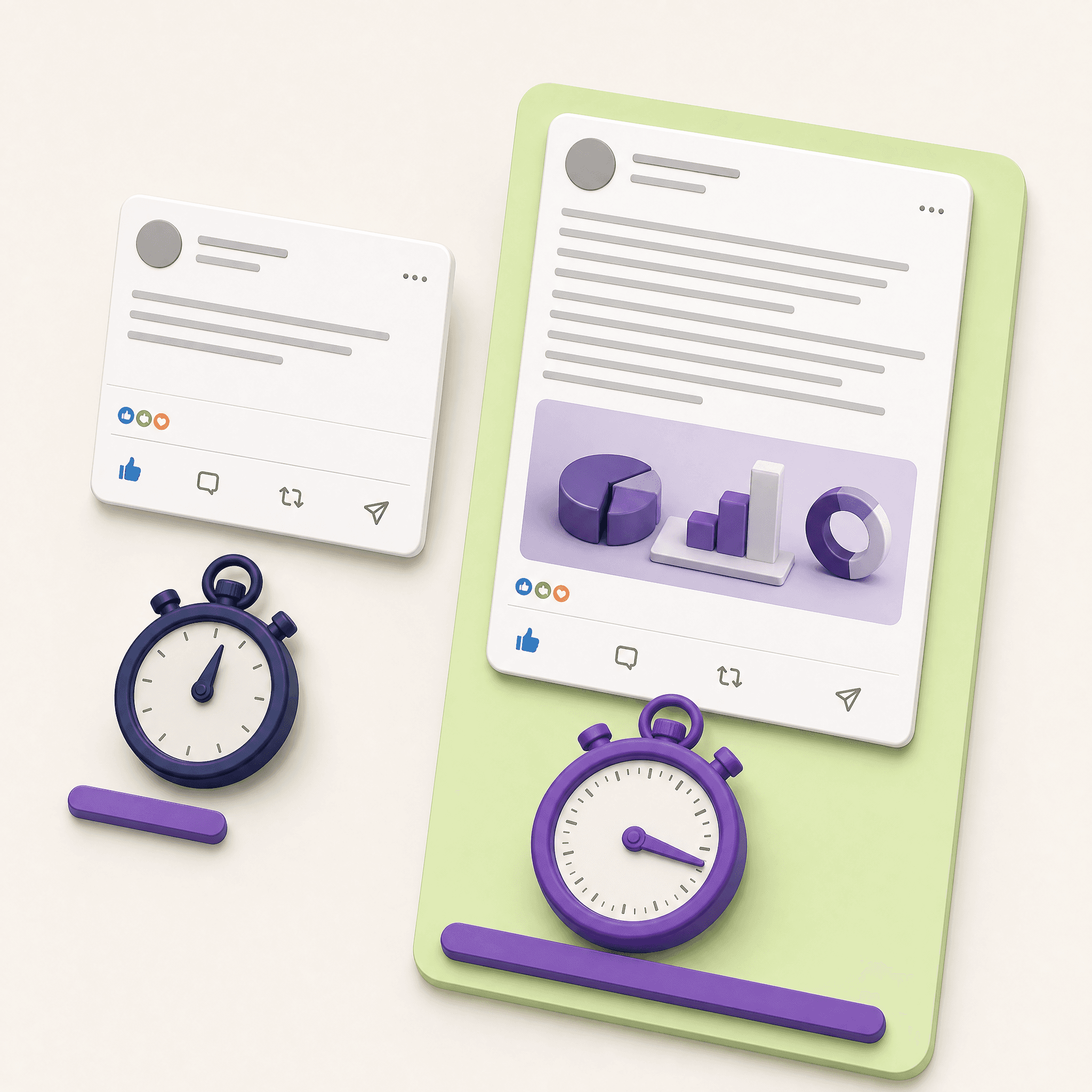 Two LinkedIn posts: a short one with a navy stopwatch that barely moved, and a long one with a purple stopwatch swept almost a full circle, on a green tile