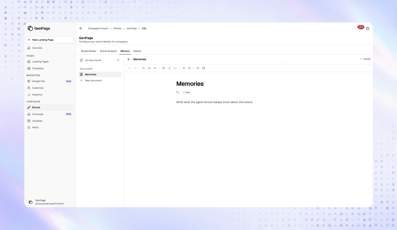 GenPage Brand Memories and AI guidelines for consistent brand output