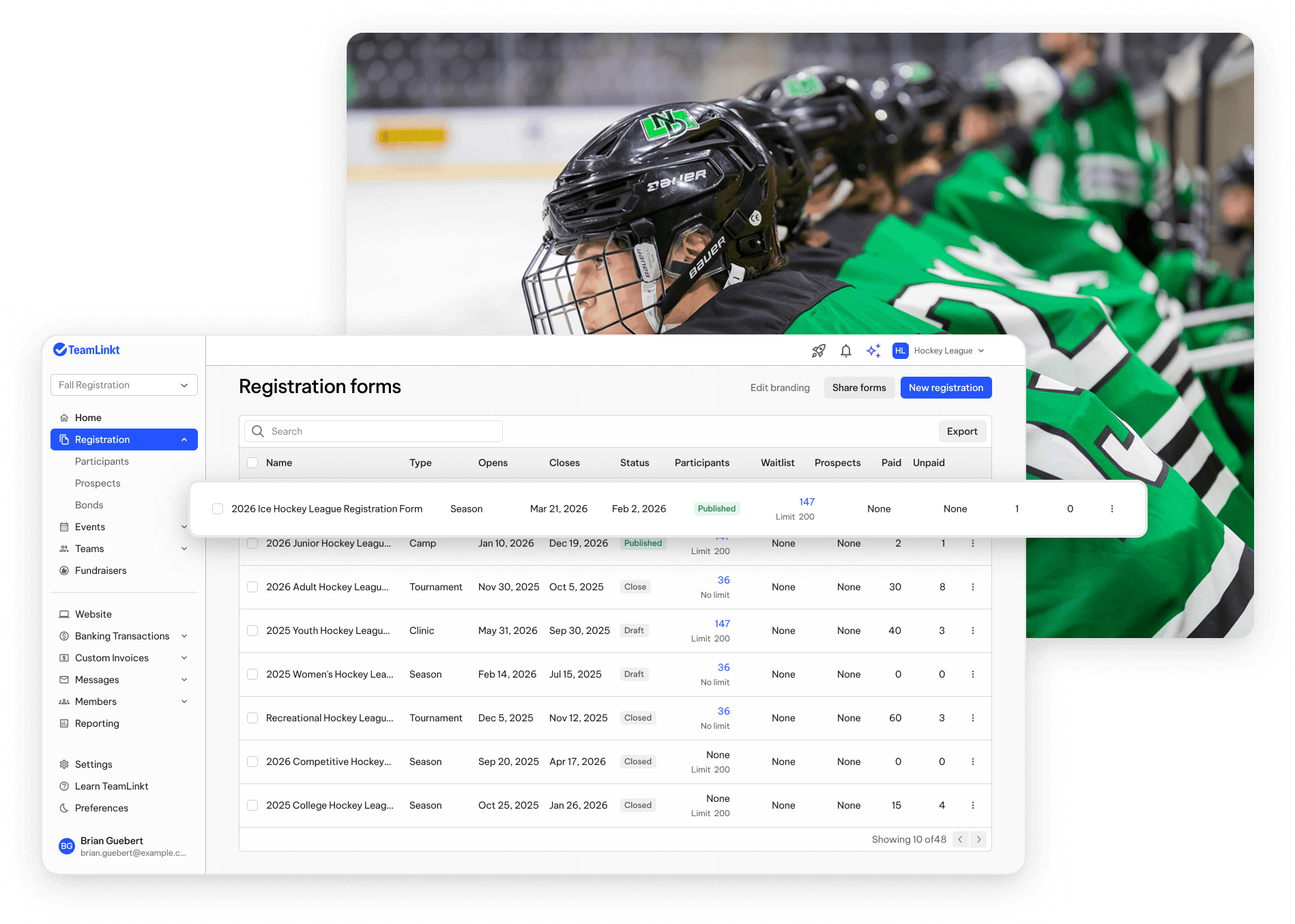 TeamLinkt's Hockey Registration Forms Dashboard