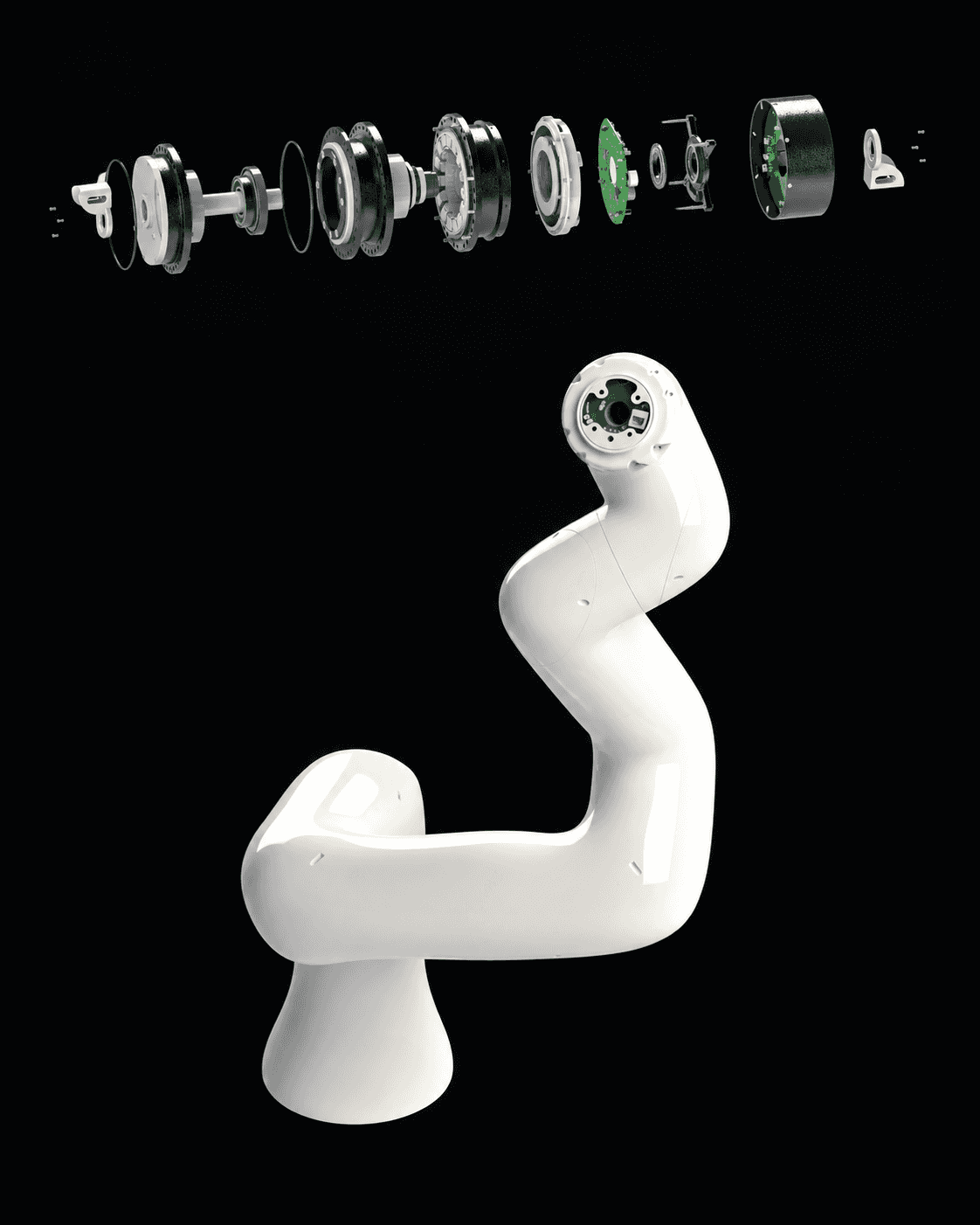AI SCOPE white robotic arm with an exploded joint module above it