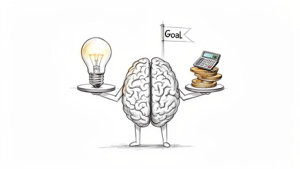 Cartoon brain balancing a glowing lightbulb (idea) and stacked coins with a calculator (money) with a 'Goal' flag.