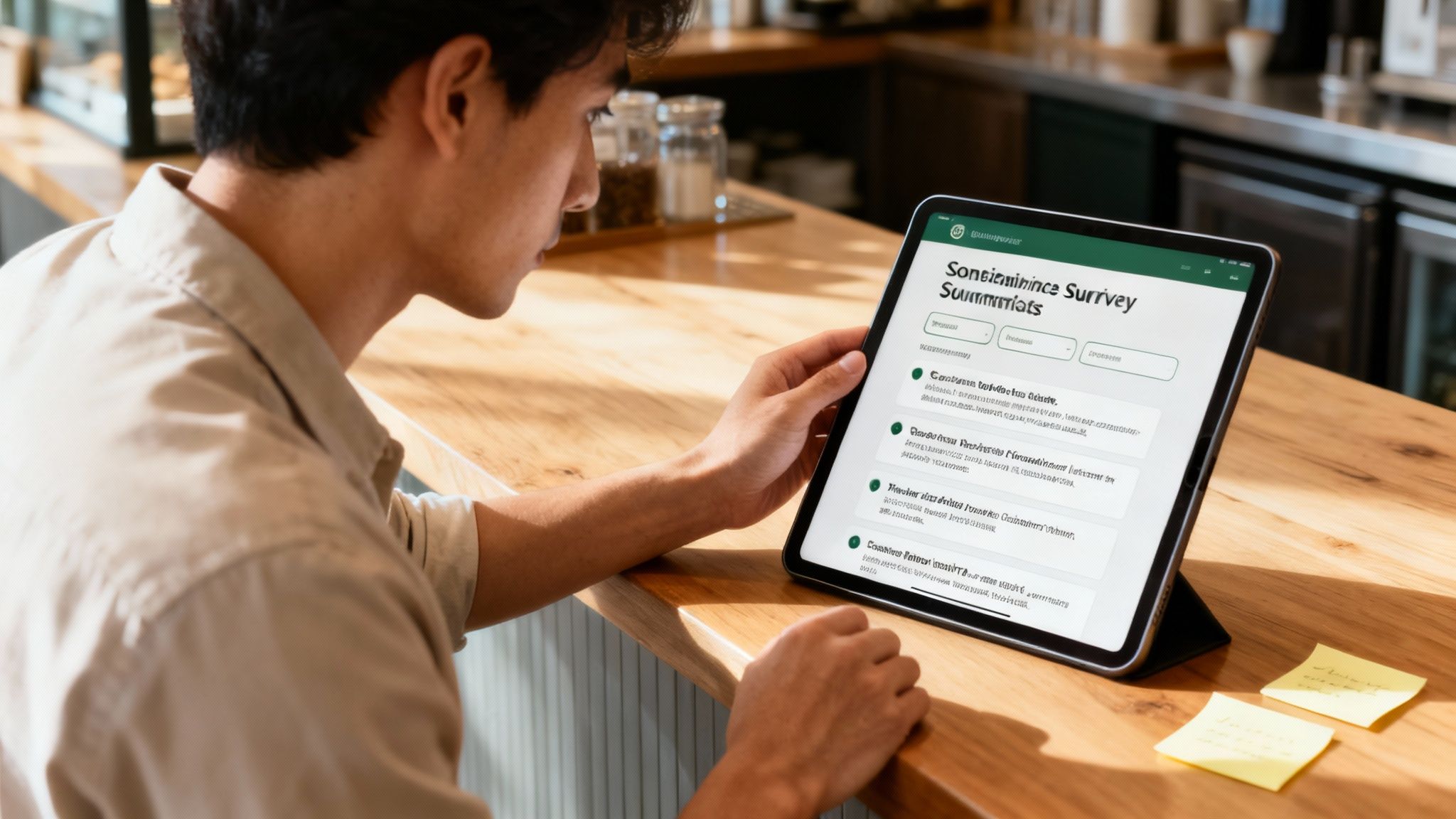 A man in a cafe intently views a digital survey summary on a tablet.