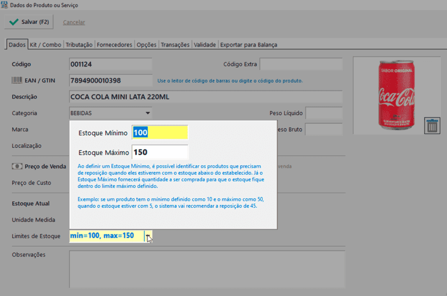 Tela de controle de estoque mínimo e estoque máximo do Nex
