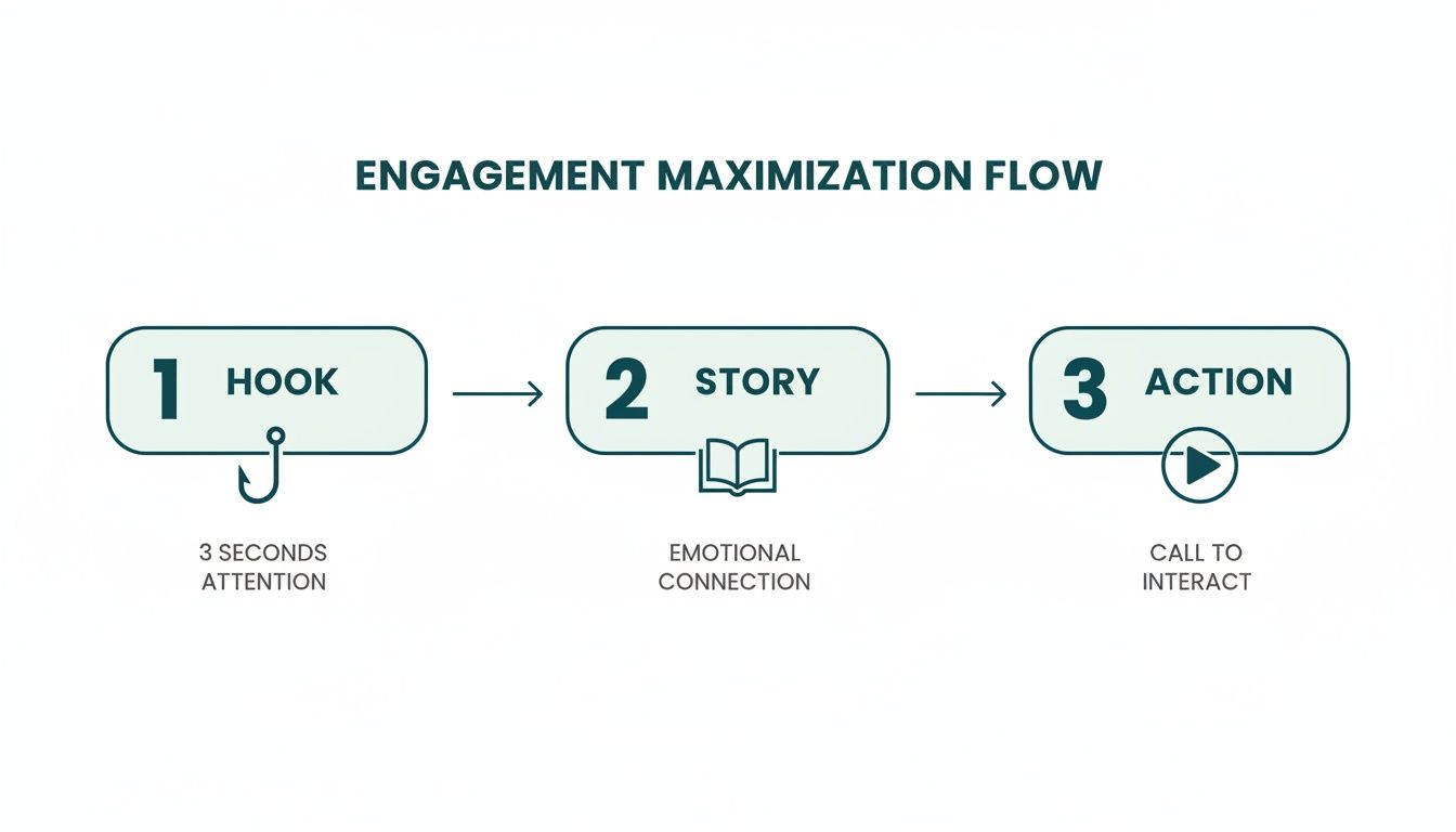 Flow chart illustrating engagement maximization with three steps: Hook, Story, and Action.