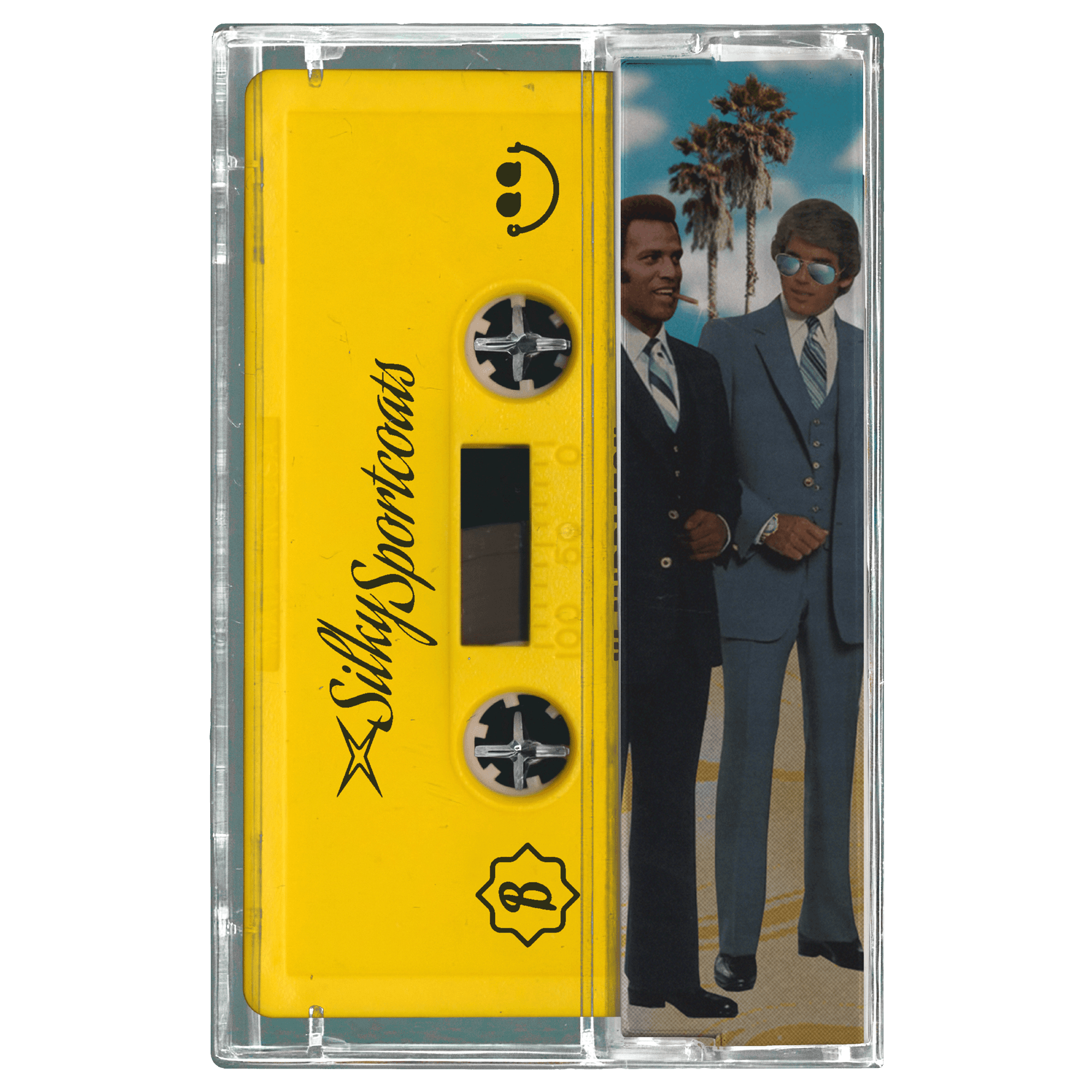 Cassette tape with yellow cover featuring a graphic of two men in suits and sunglasses.