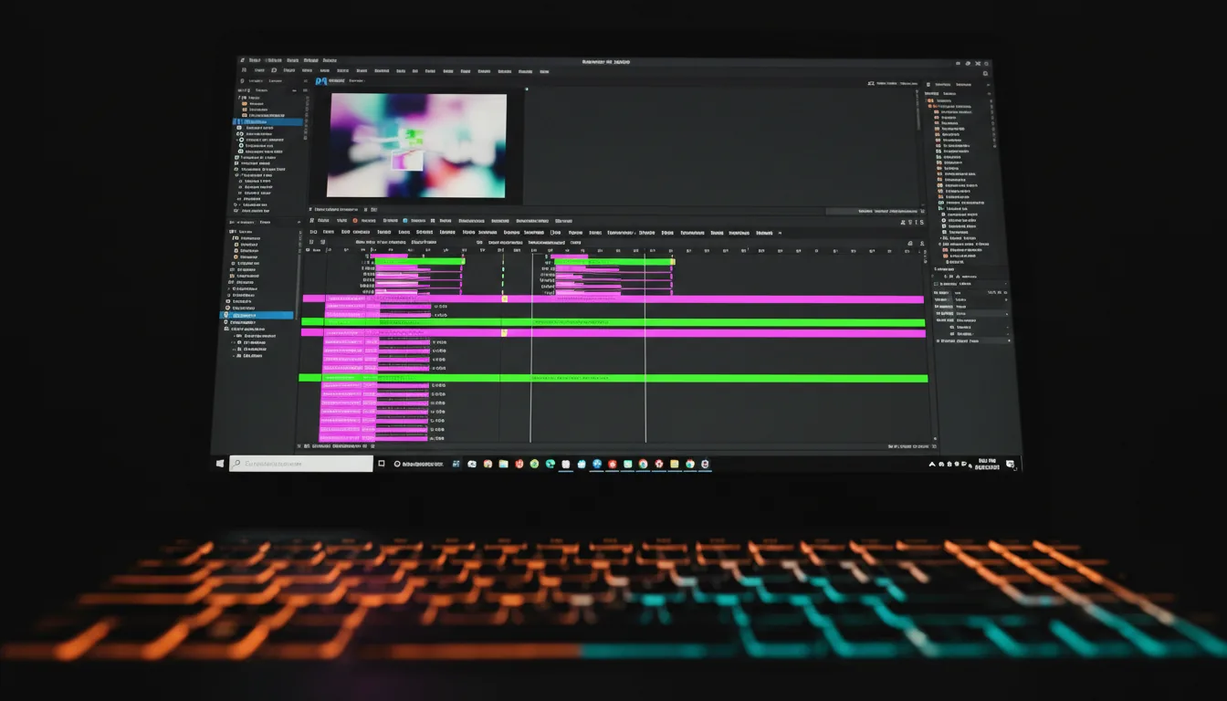 DSLR photograph from a low angle, showcasing a laptop screen in a dark room with cinematic contrast lighting. The screen is in sharp focus, displaying the user interface of Adobe After Effects software in modern dark mode. The UI features a complex video timeline with magenta and green colored clips, side panels with abstracted text lines, and a video preview window. The foreground contains an extremely out-of-focus backlit keyboard, creating a colorful bokeh effect with abstract streaks of orange and teal light against a pitch-black background. Shallow depth of field.
