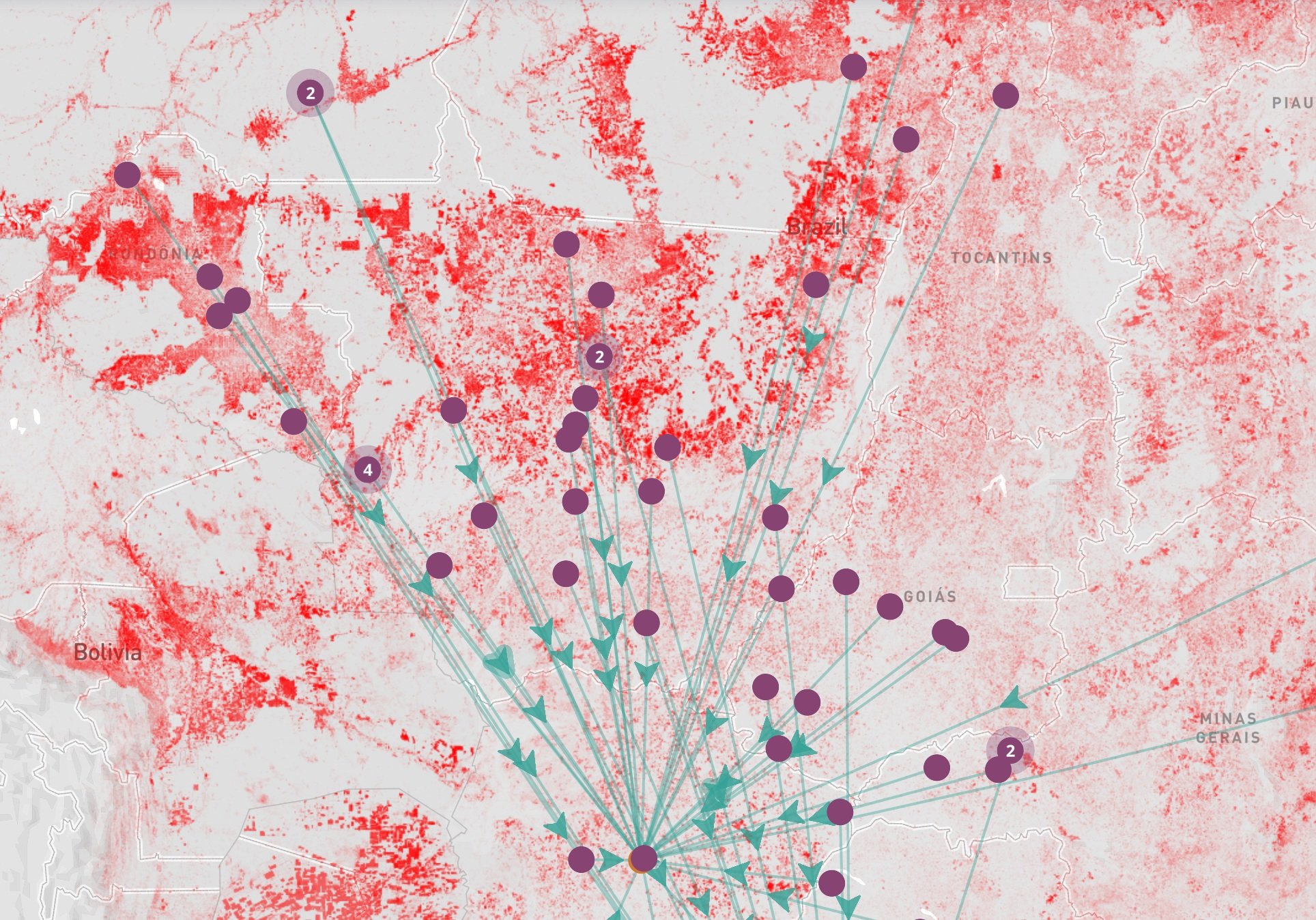 beef supply chain map overlaid on satellite deforestation imagery