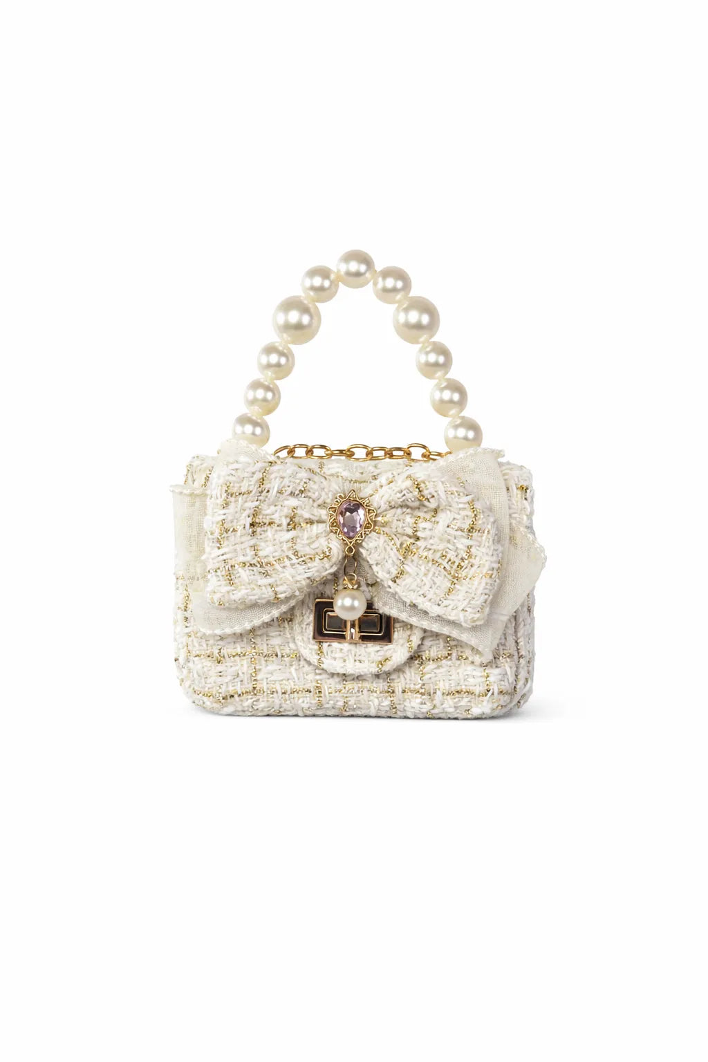 Decorative Woven Gilded handbag with pearl handle and bow detail on a white background
