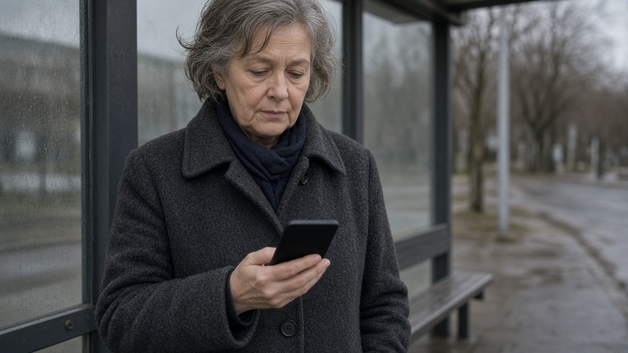 The image shows an older woman standing at a bus stop on a bleak, overcast day. She is dressed in a dark gray coat and scarf, looking down intently at a smartphone she holds in her hand. The bus stop has a glass shelter and a bench, with a wet pavement and bare trees in the background, suggesting cold or rainy weather. The woman’s expression appears focused and reflective, indicating she might be using a mobile app, potentially for navigation or communication. This image can be used to illustrate themes such as technology use among elderly individuals, urban public transportation, or apps designed for helping people, including dementia patients, with mobility and orientation.
