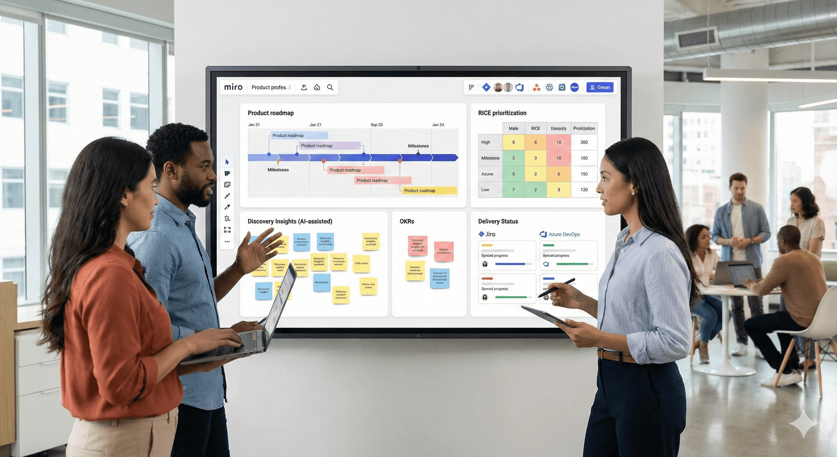 Three people are discussing strategy and planning around a digital whiteboard displaying a product roadmap on Miro, with post-it notes and charts in a modern office setting.