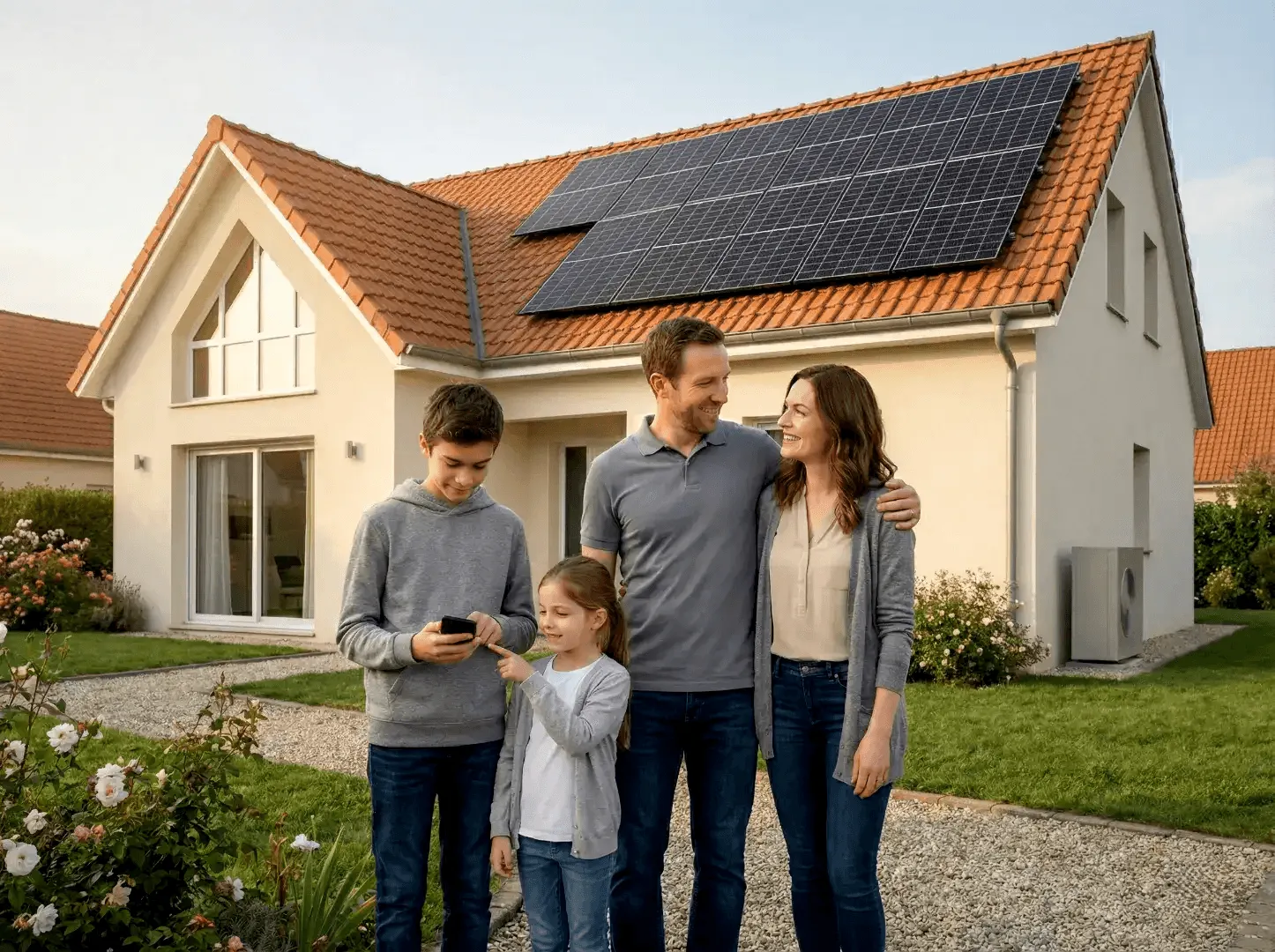Une famille souriante devant sa maison moderne équipée de panneaux solaires sur le toit, symbolisant une rénovation.