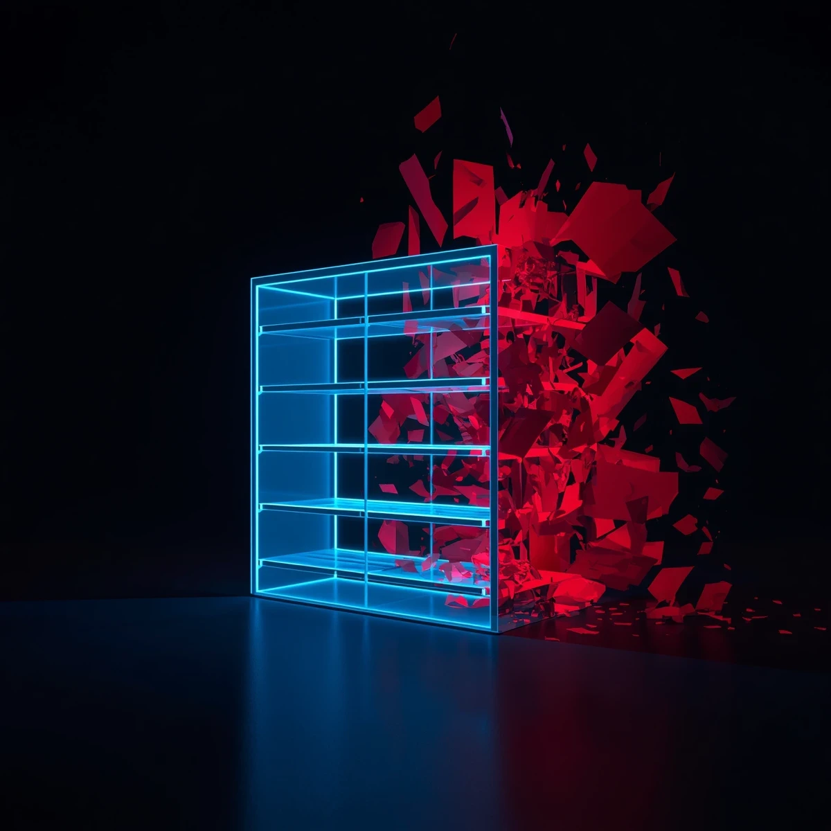 Abstract 3D visualization showing a flawless digital retail shelf execution replacing a failed paper marketing plan.