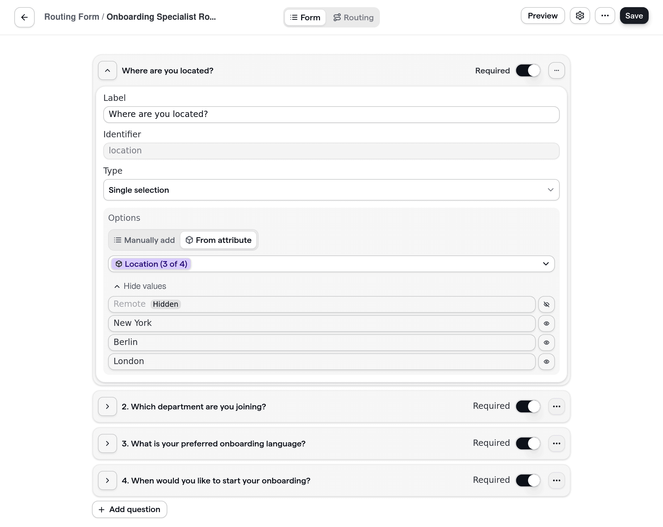 Onboarding routing form showing department and language questions