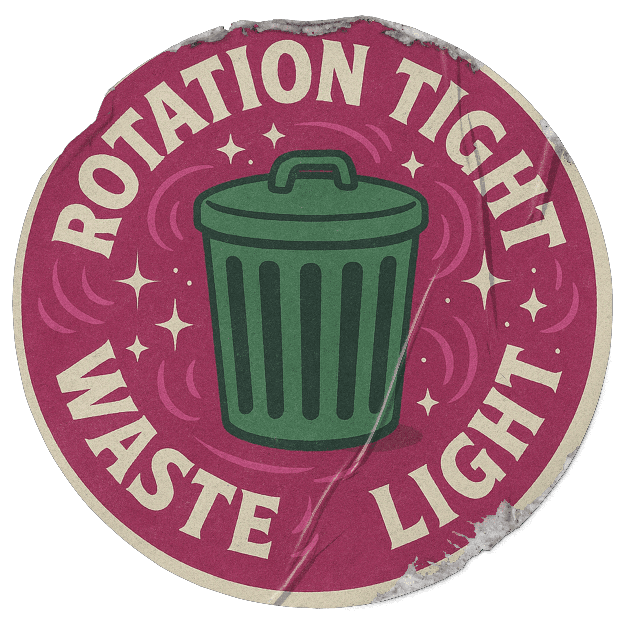 Circular badge featuring a trash can with the text "ROTATION TIGHT WASTE LIGHT" in vibrant colors.