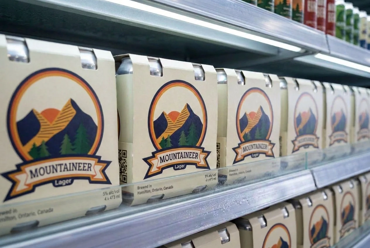 Mountaineer Lager four-packs displayed on a retail shelf.