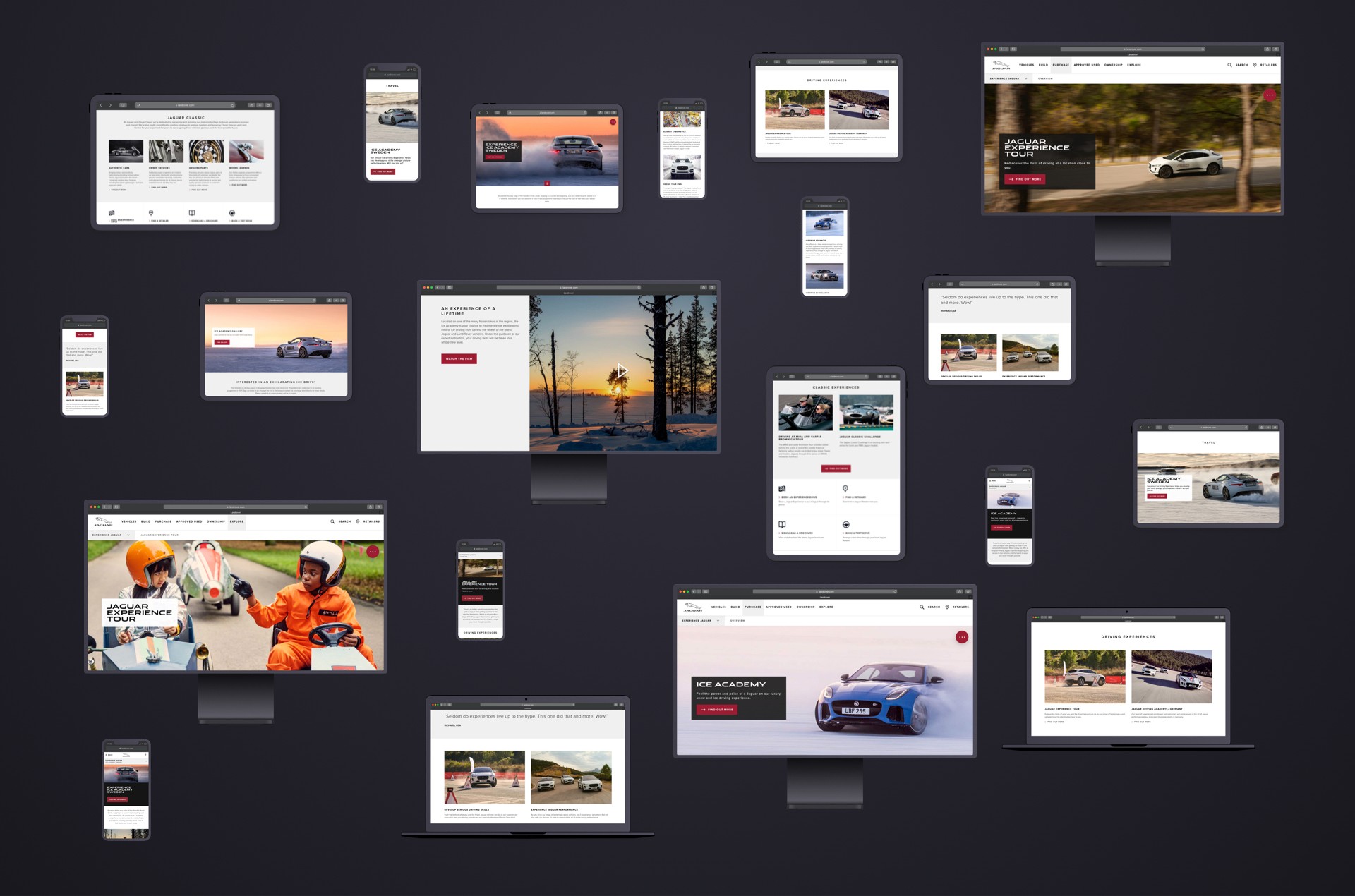 Collection of Jaguar website pages on desktop, laptop and phone screens