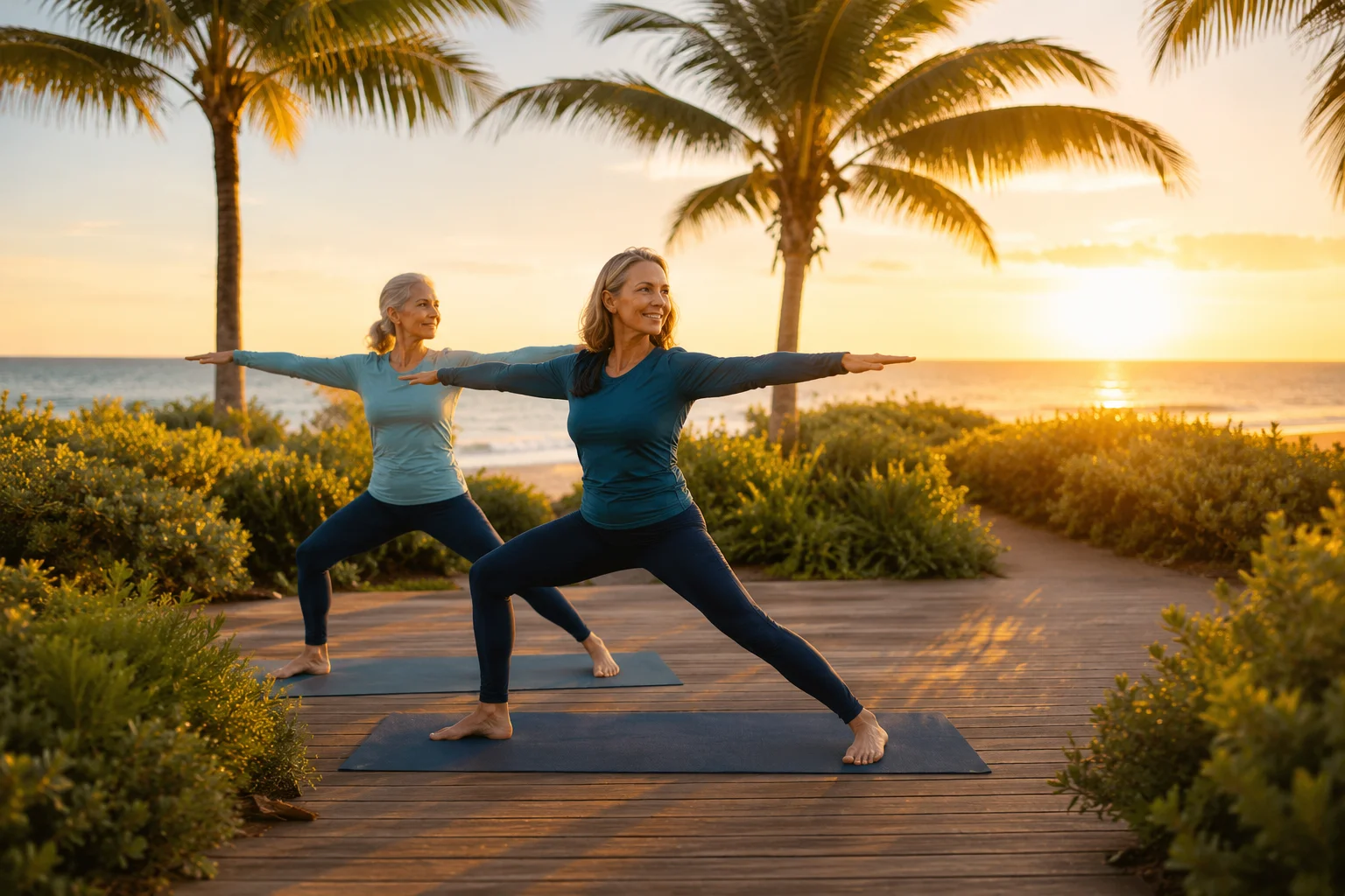 Active woman in her 50s doing a standing yoga pose outdoors in Naples, Florida, representing knee mobility and meniscus tear recovery with care from Florida Orthopedic & Spine Institute