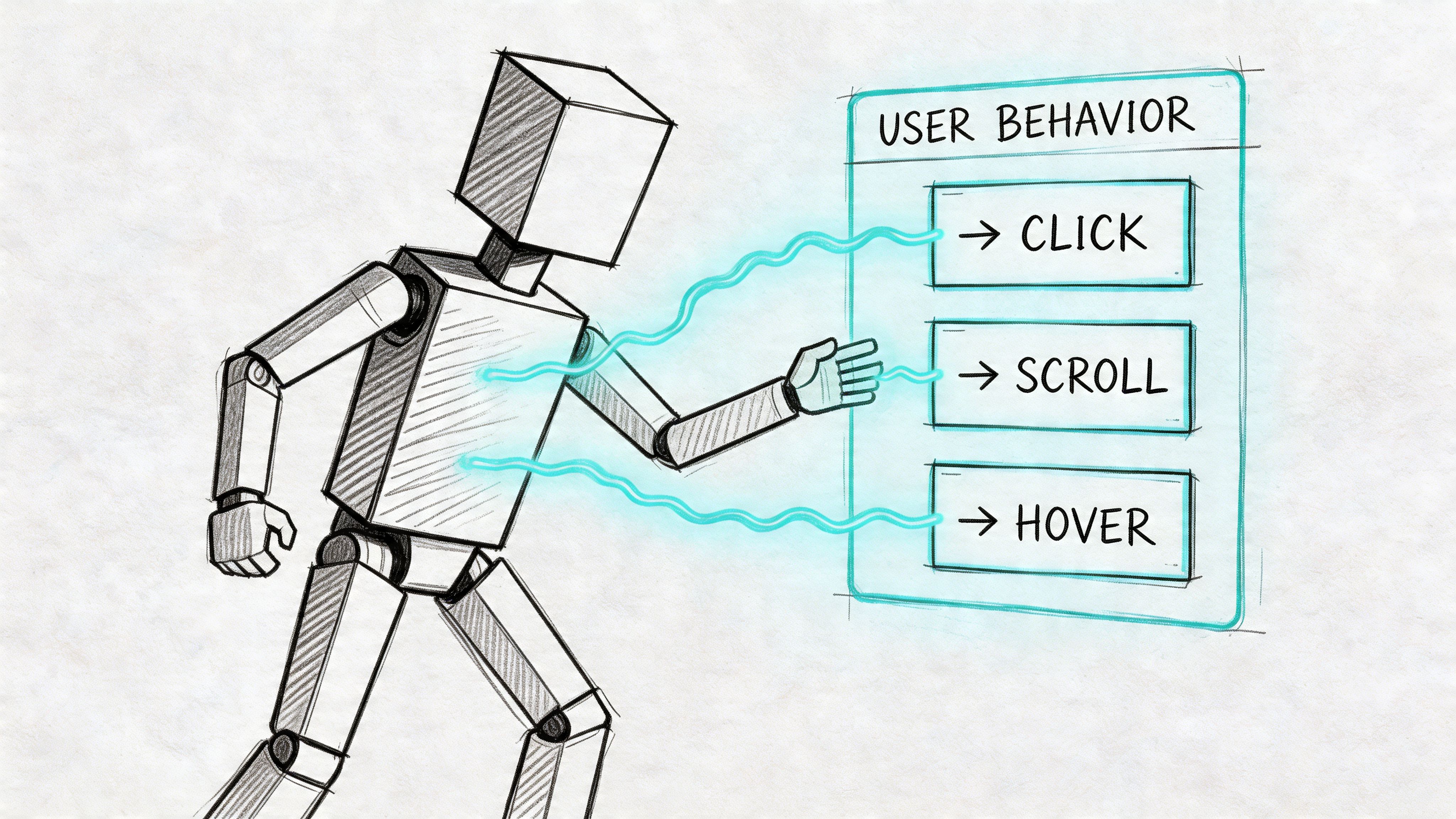 A sketched illustration showing a robot connected by glowing blue energy lines to a user behavior panel.