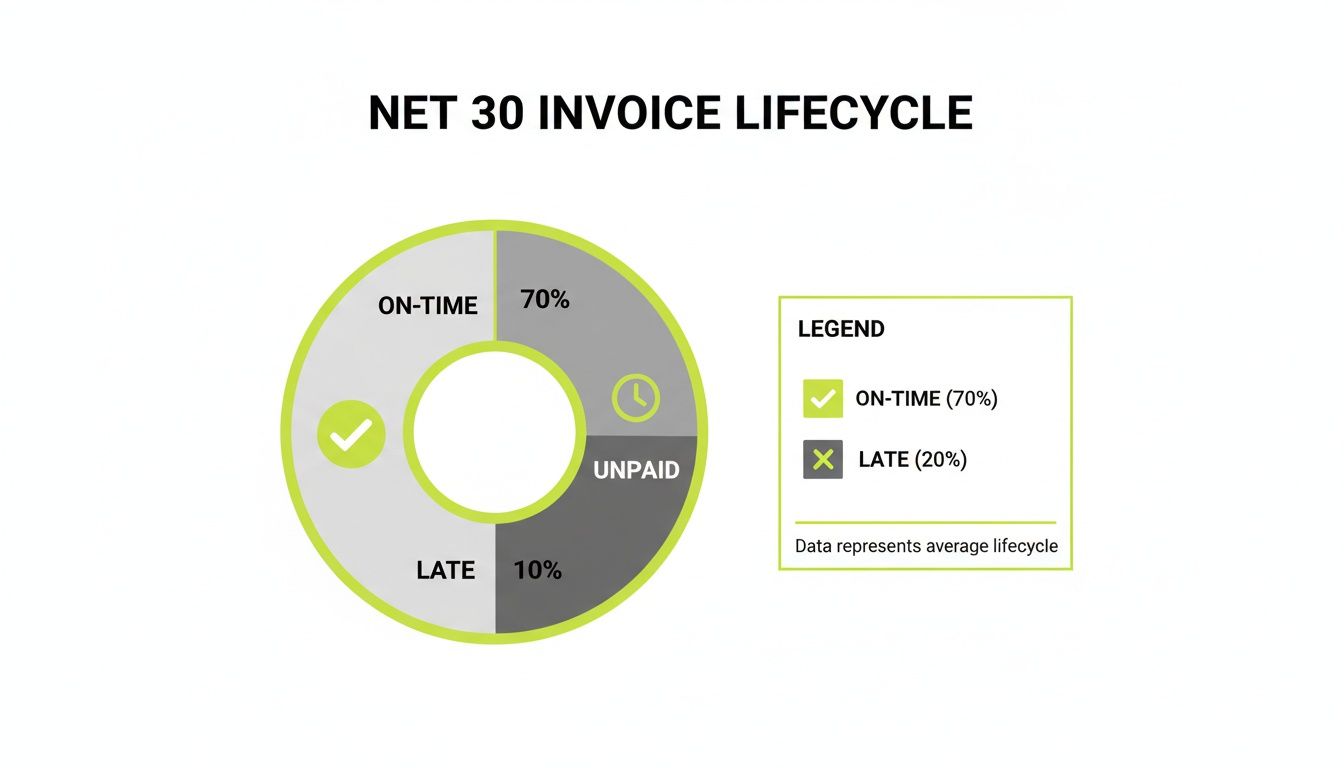 Donut chart showing Net 30 invoice lifecycle: 70% on-time, 10% late, 20% unpaid.