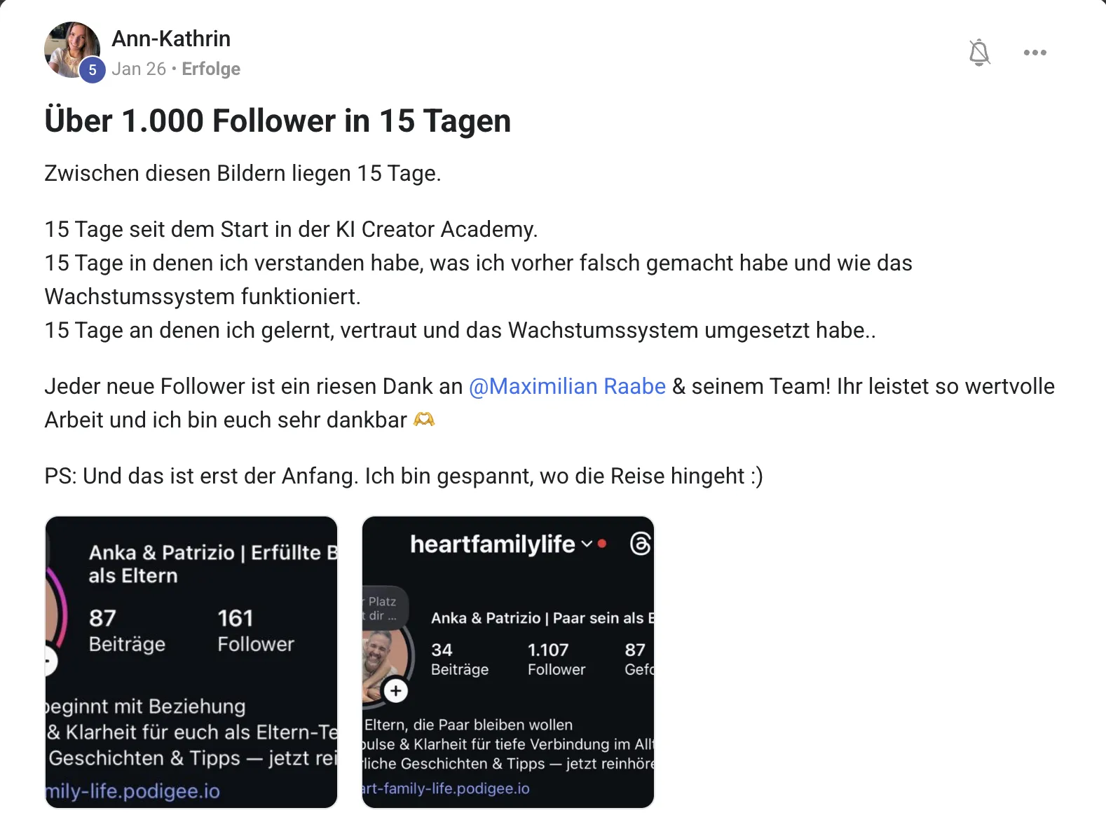 Erfahrungsbericht KI Creator Akademie: Coach Ann-Kathrin wächst in 15 Tagen von 161 auf 1.107 Follower